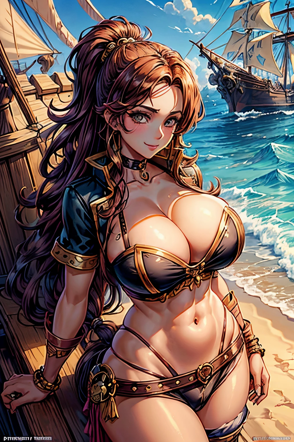 long hair, choker. busty (((DD-size breasts))), wide hips. lythe figure, curvy, voluptuous figure, sexy pirate, pirate blouse, tight pirate pants, posing on a pirate ship, Flirty smile, trending on Artstation, digital art, 20-year-old ( face a combination of Ana de Armas and Salma Hayek), seductive, gorgeous goddess, anime style, HD, UHD, wavy hair, golden nose ring, gazing lovingly at the viewer,