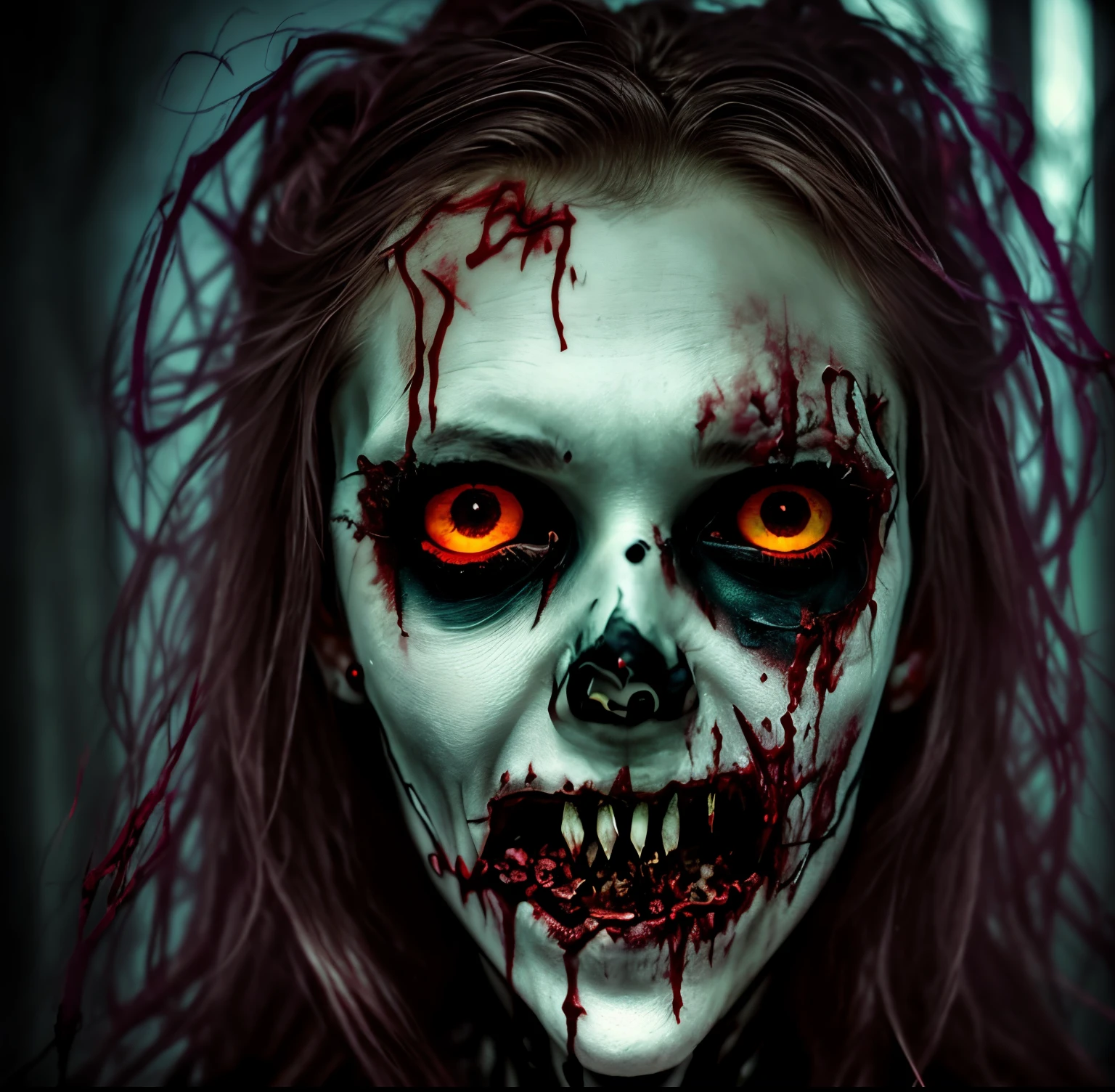 a close up of a person with a bloody face and long hair, hauntingly beautiful zombie, zombie with white eyes, beautiful zombie, zombie face, evil zombie, evil dead face, portrait of a zombie, scary look, undead facial features, zombie, zombie's, zombified, zombie in horror concept art, scary face, horrifying grin. horror