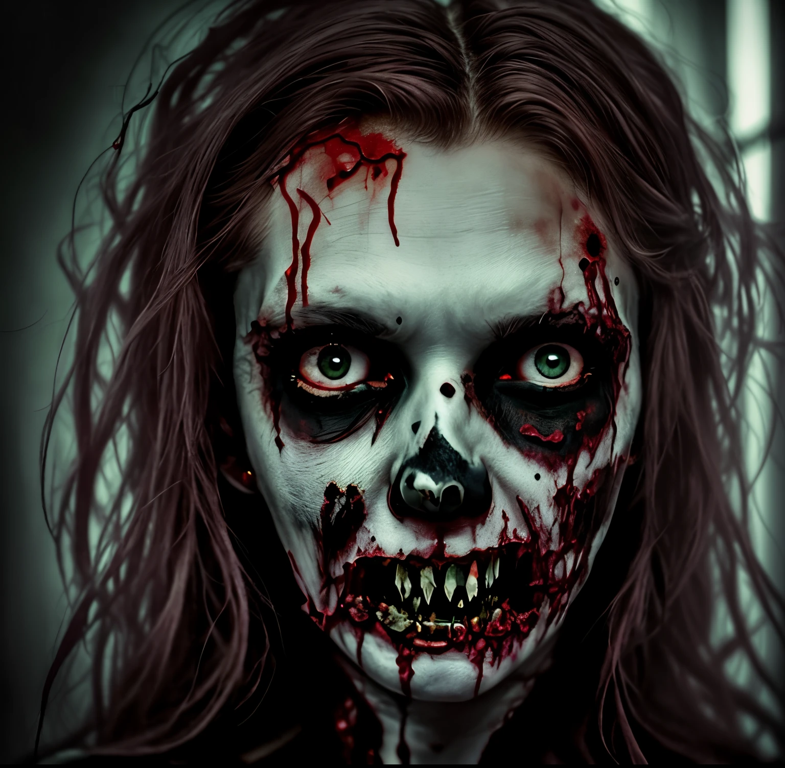 a close up of a person with a bloody face and long hair, hauntingly beautiful zombie, zombie with white eyes, beautiful zombie, zombie face, evil zombie, evil dead face, portrait of a zombie, scary look, undead facial features, zombie, zombie's, zombified, zombie in horror concept art, scary face, horrifying grin. horror