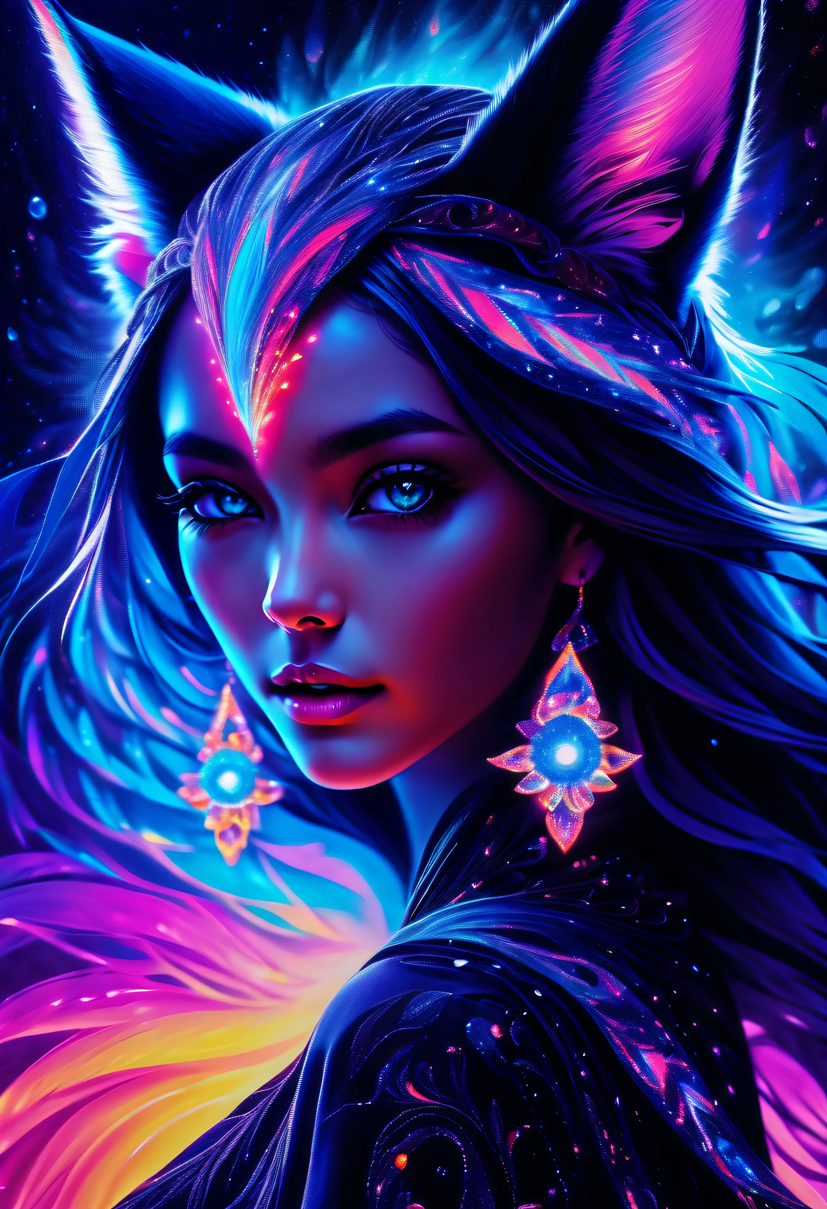 Black_girl face light paint art poster, Black_light style, seductive beauty, cool and twister, Crystals shine and overflow, create a fantastic illusion, Emits fire, water, and flashes, Mysterious beauty, elegant twist, Swirls and sparkling glass, Fennec fox's dazzling cyber fairy style, Nebula Sky, (((highly intricate detail:1.3))), (((Breathtakingly beautiful:1.3))), Stunningly beautiful visual quality,