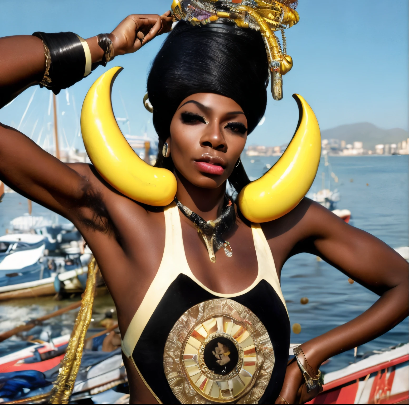<lora:Zanele Muholi Style:1>,  <lora:V1nt4geKn0ck3rs_v2:0.75>, Zanele Muholi Style, high quality, high resolution, masterpiece,  looking at viewer, complex painting with multiple perspectives, apocalypse, black plague, dystopia, extreme violence, fractals, evil girl with horns with big breasts, latex body suit, tsunami, [laughing], whipping thousand of miserable men, on top of a pile of gold, terminators, nuclear bomb in the background,  the world is on fire, the devil is watching in the sky, piles of money, mascara, earings, V1nt4geKn0ck3rs