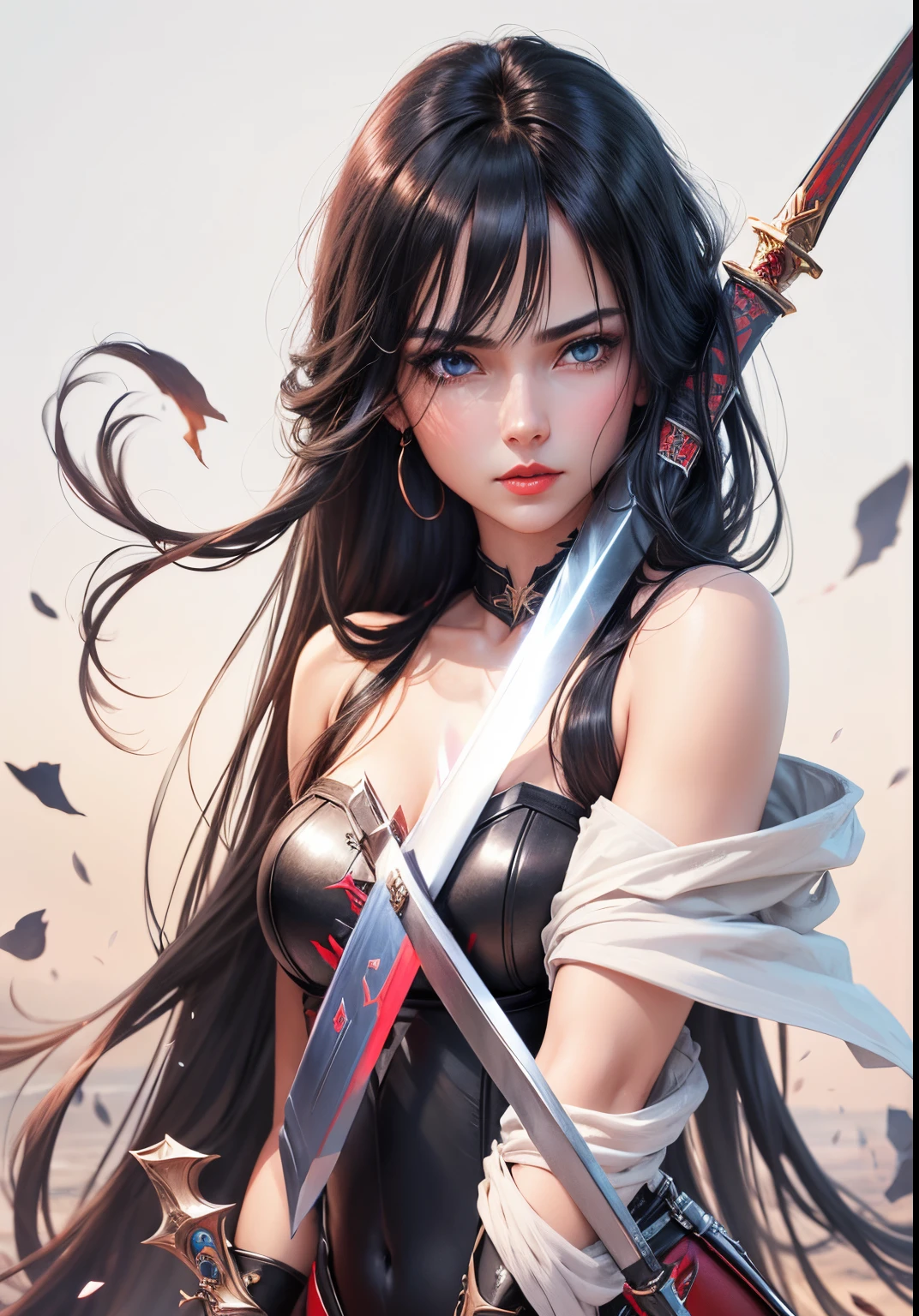 Beautiful girl with sword, shining black hair, blue eyes, blush, red lips,Calm, shining sword, Titanium sword, Amazing, best quality, extremely detailed, hair detail, Realistic, 8k resolution
