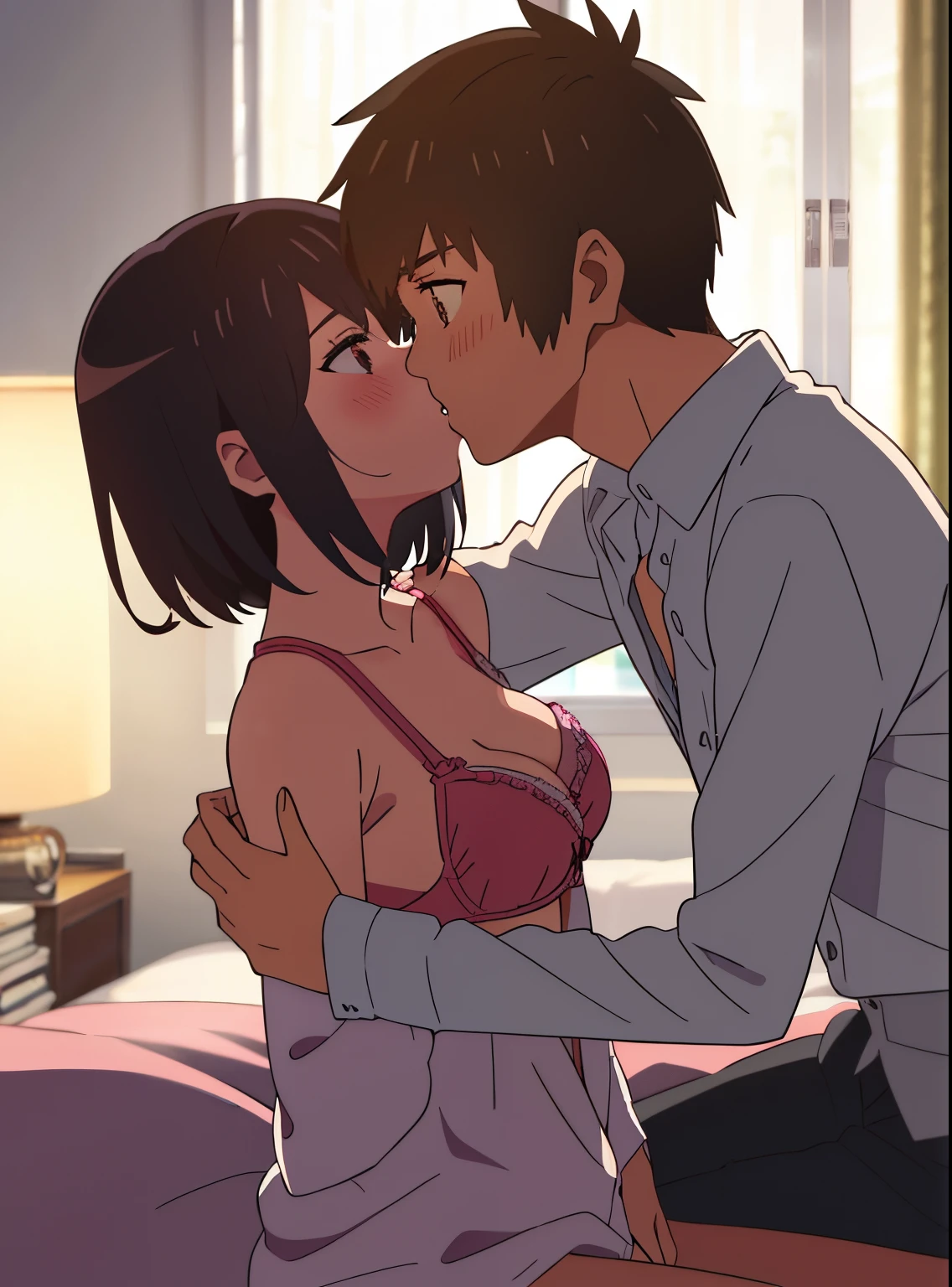 shinkai makoto, kimi no na wa.,1boy, buzzcut,nude, naked, boy is front of girl, passionate hug, face press on the chest, sniffing chest, kiss chest, 1girl, bangs, black hair, blush, brown eyes, indoors, short hair, open mouth, white long sleeve shirt, unbuttoned shirt, open shirt, pink bra, medium breast, night, bedroom, sit on bed