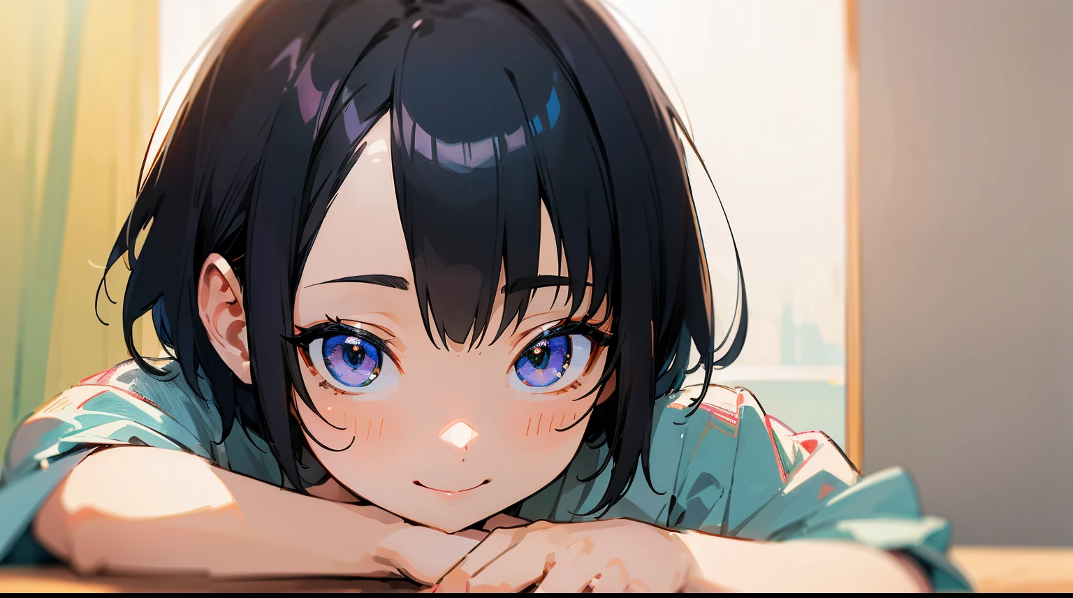 masutepiece, Best Quality, Ultra-detailed, Illustration, Cute, girl, Solo, Face Focus, Black hair, Short hair, Blouse, Smile, white backgrounid