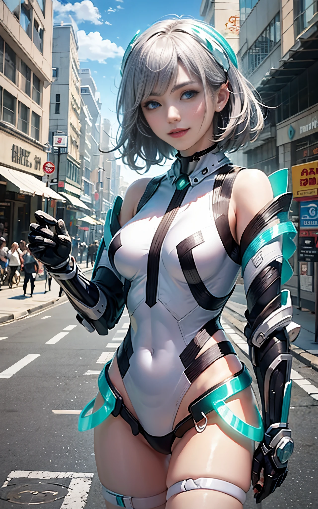 lightsmile, deva battle suit, Outdoors, Silver hair, bobhair, Blue eyes, waist shot