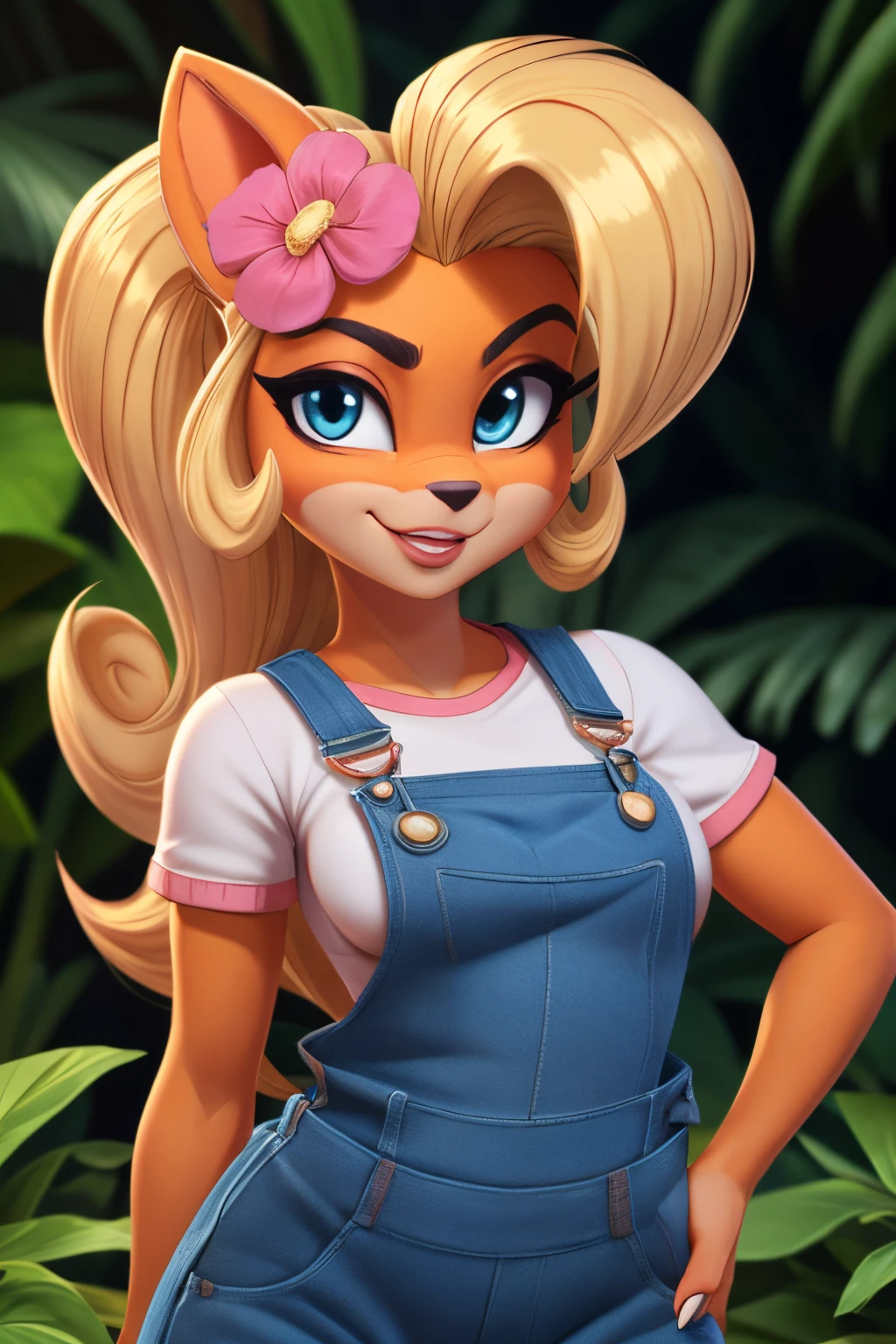 ((ultra quality)), ((tmasterpiece)), coco bandicoot, ((blonde woman)), ((there are only bandicoot ears)), (pink flower in hair), (Beautiful cute face), (beautiful female lips), Charming, (coco bandicoot nose), ((sexy facial expression)), looks at the camera with a gentle smile, eyes are slightly closed, ((skin color red)), (there is cat hair on the body), Body glare, ((detailed beautiful female eyes)), ((dark blue eyes)), (juicy female lips), (beautiful female hands), ((perfect female figure)), perfect female body, Beautiful waist, nice feet, black claws, gorgeous big thighs, Beautiful ass, beautiful breasts, ((Subtle and beautiful)), seductively worth it, (dressed in blue overalls) background: Jungle, ((Depth of field)), ((high quality clear image)), (crisp details), ((higly detailed)), Realistic, Professional Photo Session, ((Clear Focus)), the anime, NSFW