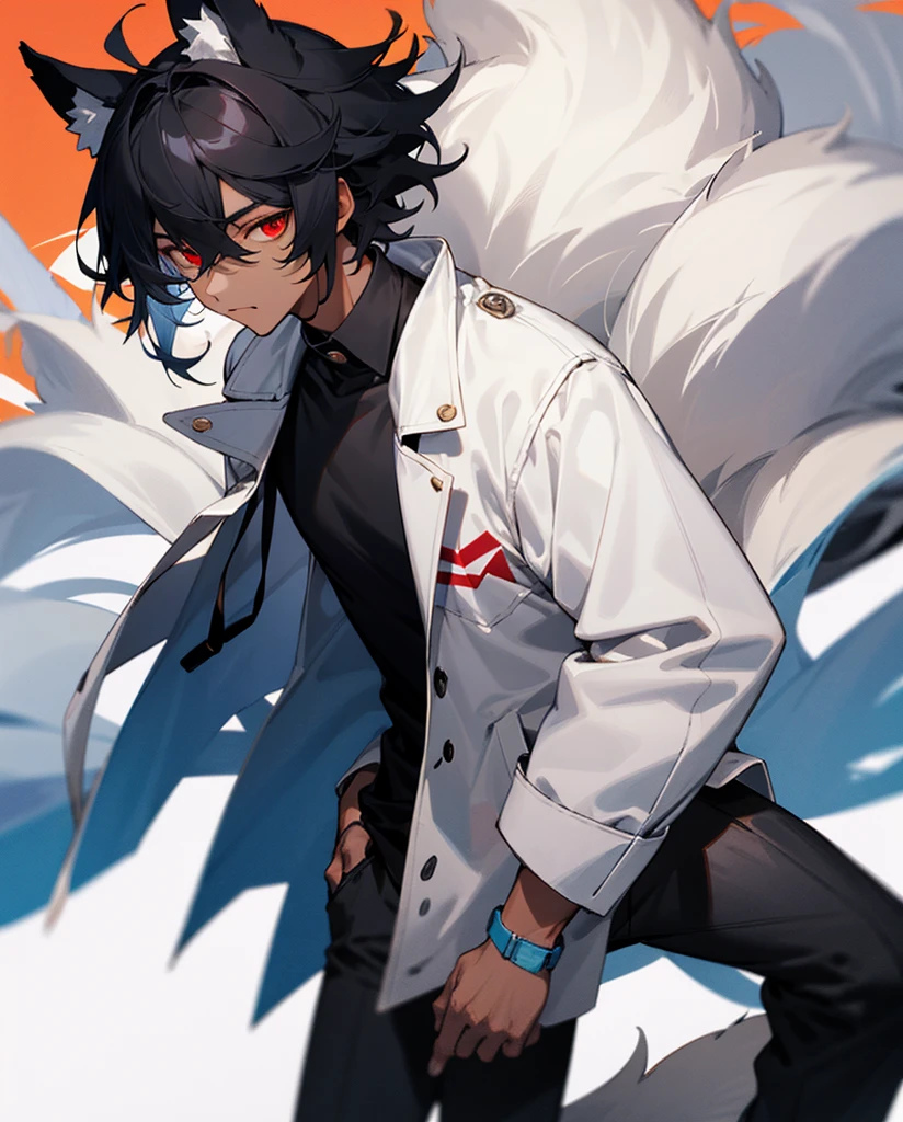 Black hair with dog ears, tanned skin, twink, black shirt with a white jacket, black pants, red eyes, fluffy shirt hair