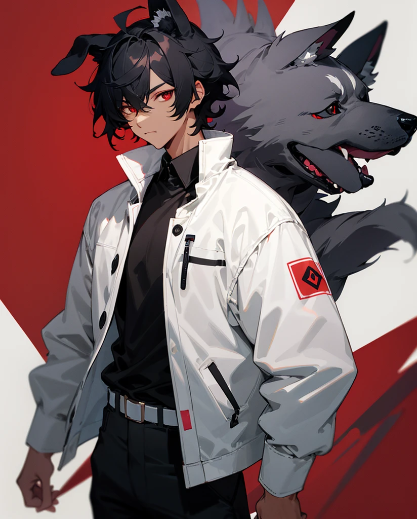 Black hair with dog ears, tanned skin, twink, black shirt with a white jacket, black pants, red eyes, fluffy shirt hair