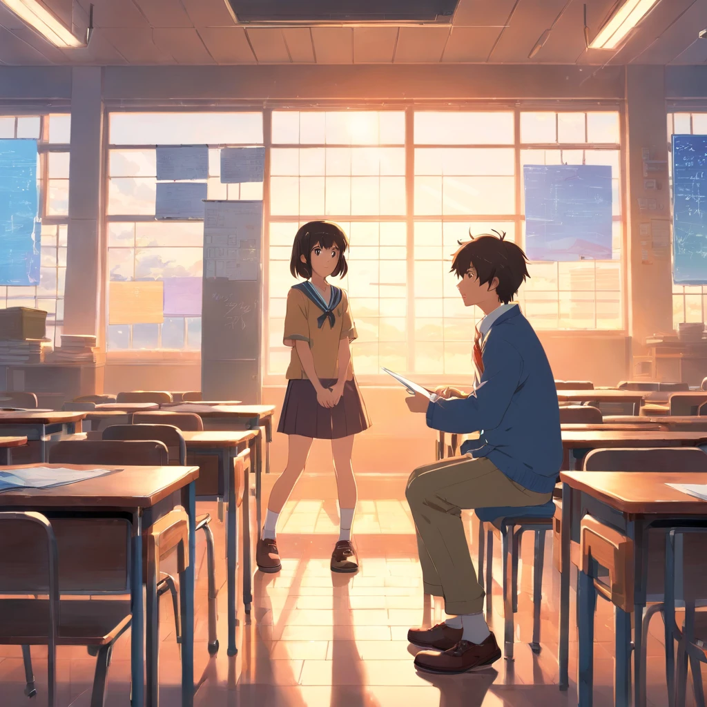A teenage boy and girl, a couple in high school uniforms, collaboratively crafting their unique project for the cultural festival in a classroom after school. They are engrossed in their work, creating a world just for the two of them. The setting sun streaming through the classroom windows adds a warm, intimate glow to their shared space.
