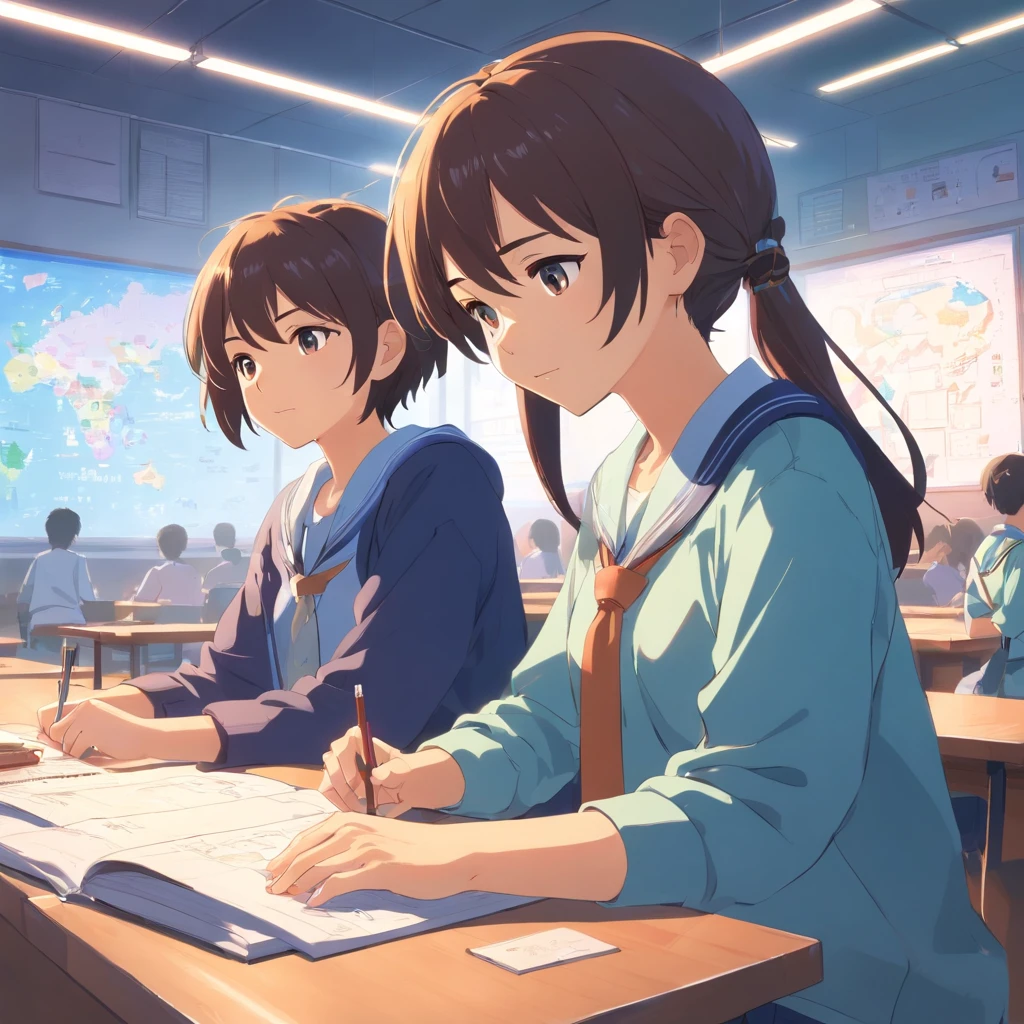 A teenage boy and girl, a couple in high school uniforms, collaboratively crafting their unique project for the cultural festival in a classroom after school. They are engrossed in their work, creating a world just for the two of them. The setting sun streaming through the classroom windows adds a warm, intimate glow to their shared space.