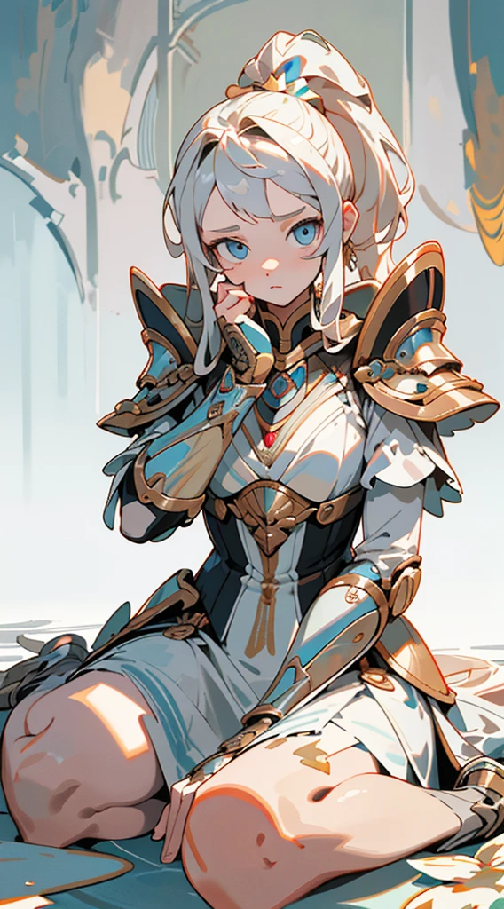 straight symmetrical, full body, solo girl looking to the camera, (8K, best quality:1.2), (masterpiece:1.37), (photo, photorealistic:1.37), (ultrahigh-res), full body, (sit on the floor), dynamic pose, slow motion, female paladin wearing the up part body, (light silver armour:1.2),(ornately decorated armor), (insanely detailed, bloom:1.5), (highest quality, Alessandro Casagrande, Greg Rutkowski, Sally Mann, concept art, 4k), (analog:1.2), (high sharpness), (detailed pupils:1.1), detailed face and eyes, Masterpiece, best quality, (highly detailed photo:1.1), (long blonde Hair, blue eyes, ponytail, ecstatic:1.1), (young woman:1.1), sharp, (perfect body:1.1), realistic, real shadow, 3d, (temple background:1.2), (by Michelangelo), photographed by Canan EOS R6, 135mm, 1/1250s, f/2.8, ISO 400