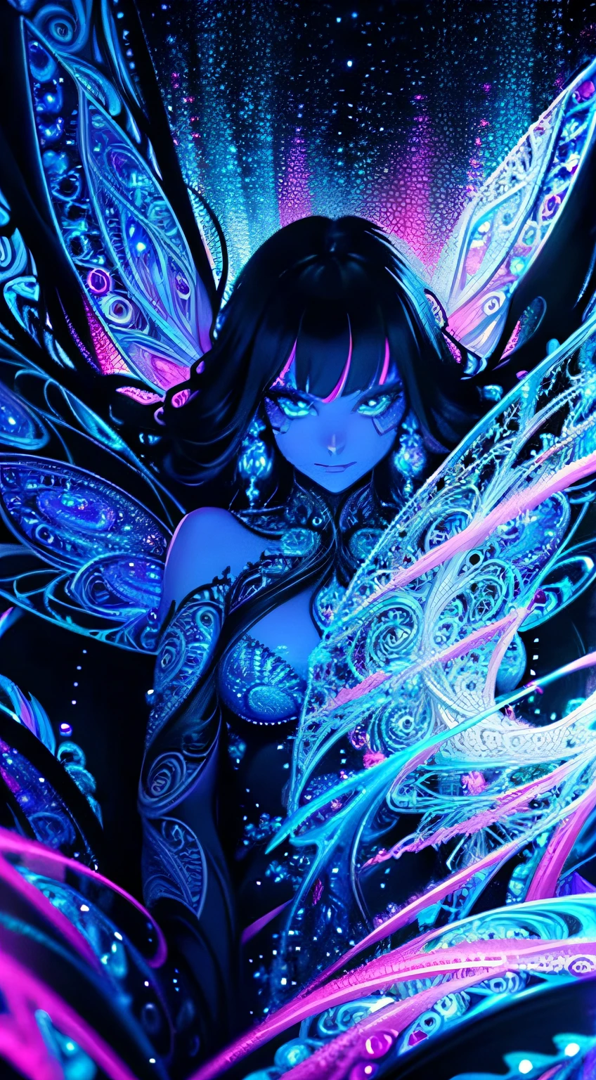 Black_light paint art, Black_light style, seductive beauty, cool and twister, Crystals shine and overflow, create a fantastic illusion, Emits fire, water, and flashes, Mysterious beauty, elegant twist, Swirls and sparkling glass, dazzling cyber fairy, (((highly intricate detail:1.3))),