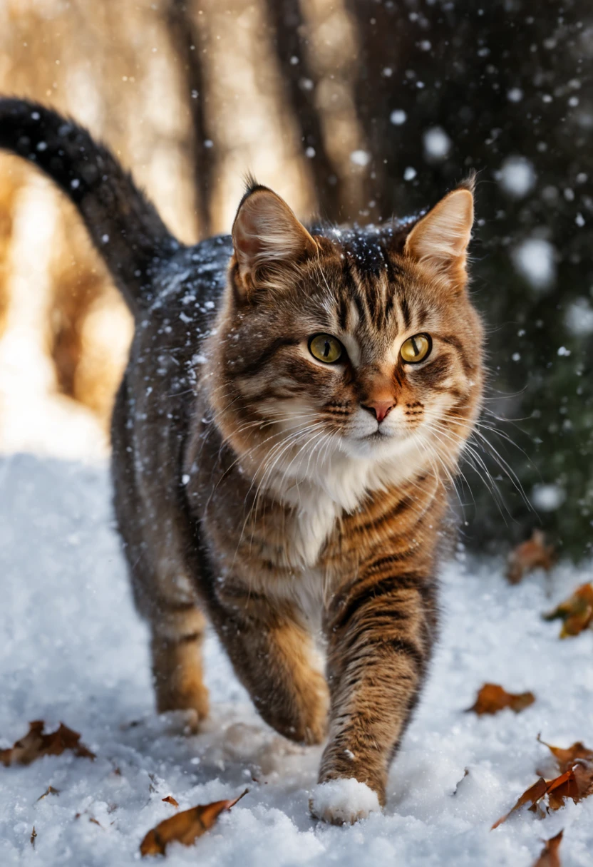 mj, RTX, 4k, HDR, Anna Razumovskaya, Casey Baugh, Antonio Mora, Aminola Rezai, 
Giovanni Boldini, art, realistic art. cat running, first snow, flakes, 
partial snow cover, film still, breathtaking, falling leaves, melancholic mood, 
nature's farewell in the rustling of gusts of wind, photorealism, film grain, 
film still, bokeh, intricate detail, perfect composition, 
beautiful detailed complexity Insanely Detailed Octane Rendering, 
4k Fine Art Photography, Photorealistic Concept Art, 
Soft Natural Volume Cinematic Perfect Light, Chiaroscuro, 
Award Winning Photography, Masterpiece, Oil on Canvas,