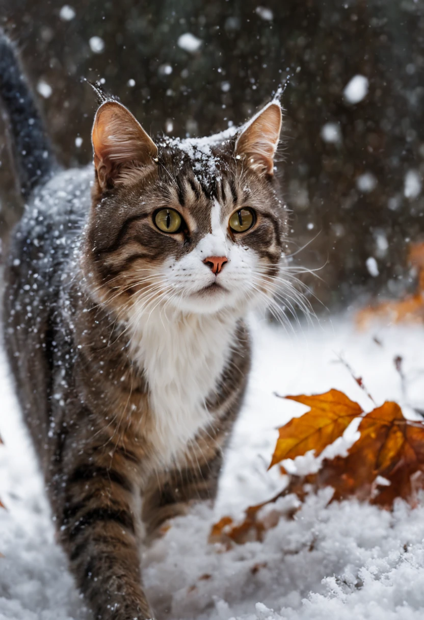 mj, RTX, 4k, HDR, Anna Razumovskaya, Casey Baugh, Antonio Mora, Aminola Rezai, 
Giovanni Boldini, art, realistic art. cat running, first snow, flakes, 
partial snow cover, film still, breathtaking, falling leaves, melancholic mood, 
nature's farewell in the rustling of gusts of wind, photorealism, film grain, 
film still, bokeh, intricate detail, perfect composition, 
beautiful detailed complexity Insanely Detailed Octane Rendering, 
4k Fine Art Photography, Photorealistic Concept Art, 
Soft Natural Volume Cinematic Perfect Light, Chiaroscuro, 
Award Winning Photography, Masterpiece, Oil on Canvas,