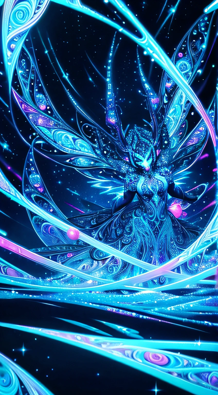 Black_light paint art, Black_light style, seductive beauty, cool and twister, Crystals shine and overflow, create a fantastic illusion, Emits fire, water, and flashes, Mysterious beauty, elegant twist, Swirls and sparkling glass, dazzling cyber fairy, (((highly intricate detail:1.3))),