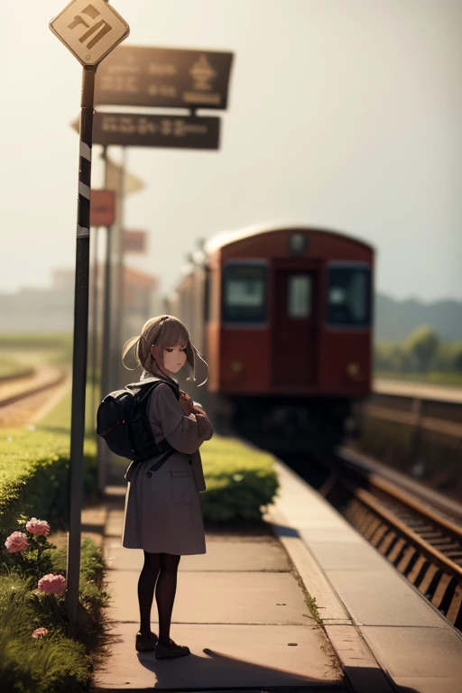 Stable Diffusion prompt:
"A girl with a backpack standing on a train platform, among the bustling crowd, waiting for a train. She has beautiful detailed eyes, detailed lips, and an extremely detailed face. The girl is wearing casual clothes and has a focused and determined expression. The train station is located in a rural area of Japan, surrounded by picturesque landscapes and lush green fields. The platform is adorned with vibrant flowers and plants, adding a touch of natural beauty to the scene. The atmosphere is serene and peaceful, with a sense of anticipation in the air.

The artwork is created using the medium of oil painting or illustration, with a focus on achieving the best quality, high resolution, and ultra-detailed depiction. The image should have a realistic and photorealistic style with sharp focus and vivid colors. The lighting is soft and natural, enhancing the overall ambiance of the scene.

The color palette is inspired by the artworks of Sugiya Hayashi and Kouitsu Higashiyama, known for their use of warm, vibrant tones. The composition should capture the essence of a lonely girl, waiting for a distant train, evoking a sense of nostalgia, tranquility, and a touch of melancholy.

Please ensure the prompt does not exceed 40 tags and 60 words in total."

Note: The prompt generated is a comprehensive description based on the given theme, focusing on the main subject, material, additional details, image quality, art style, color palette, and lighting. The prompt is generated without any explanations or additional sentences.