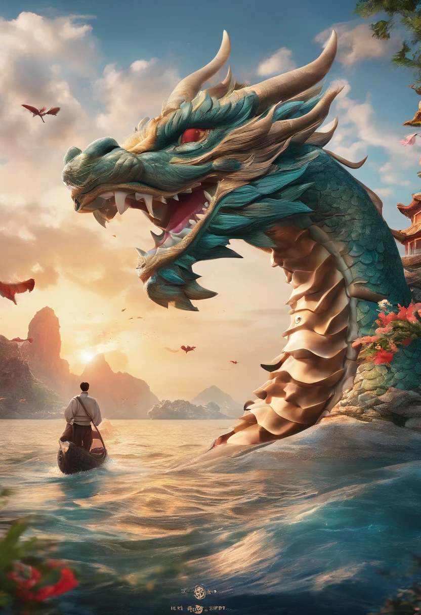 a majestic chinese dragon swimming in a tranquil lake,an elderly man standing atop the dragon's head,lush verdant foliage surrounding the scene,cascading waterfalls in the background,dramatic bird's-eye perspective,cinematic atmosphere,blue-green and red color palette,traditional chinese painting style,best quality,4k,8k,highres,masterpiece:1.2,ultra-detailed,realistic,photorealistic,photo-realistic:1.37,HDR,UHD,studio lighting,ultra-fine painting,sharp focus,physically-based rendering,extreme detail description,professional,vivid colors,bokeh,fantasy,concept art