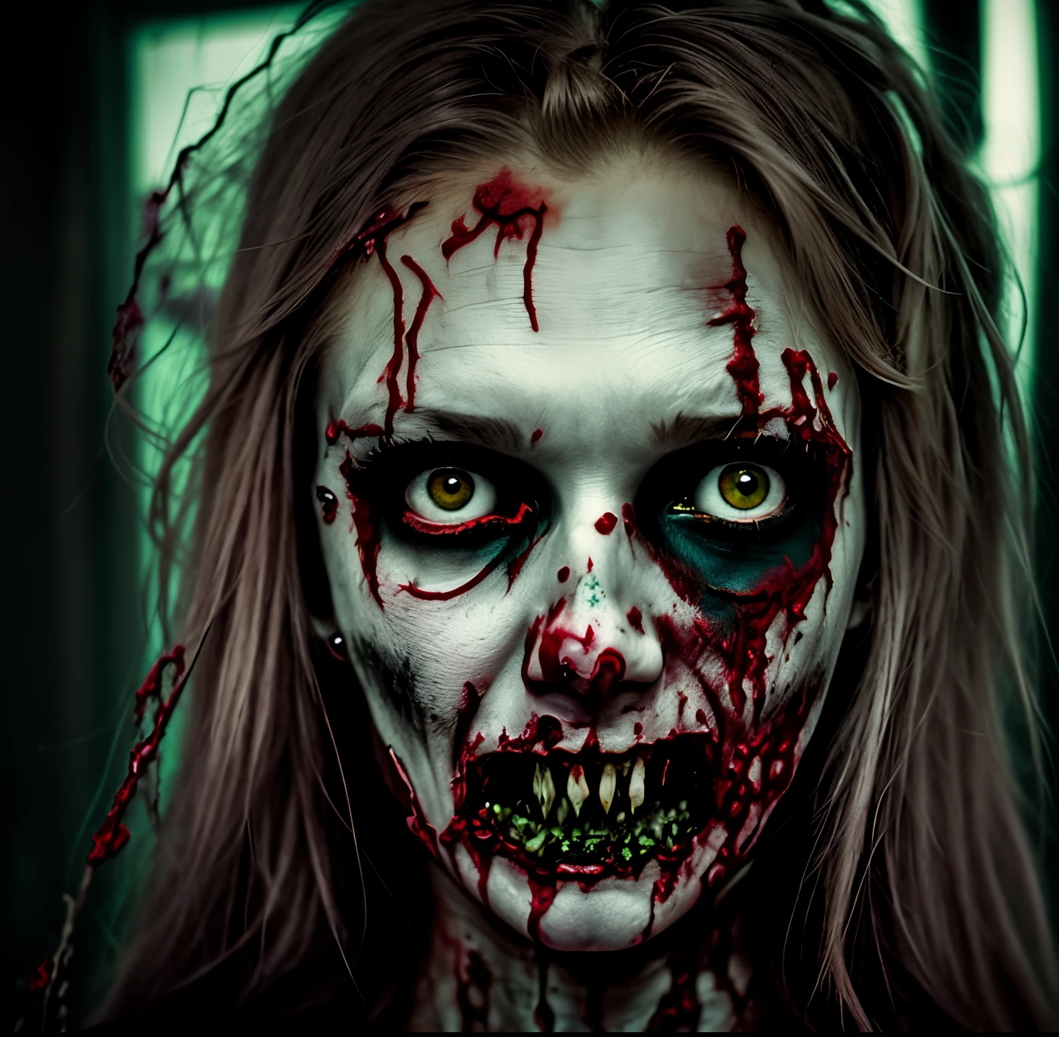 a close up of a person with a bloody face and long hair, hauntingly beautiful zombie, zombie with white eyes, beautiful zombie, zombie face, evil zombie, evil dead face, portrait of a zombie, scary look, undead facial features, zombie, zombie's, zombified, zombie in horror concept art, scary face, horrifying grin. horror