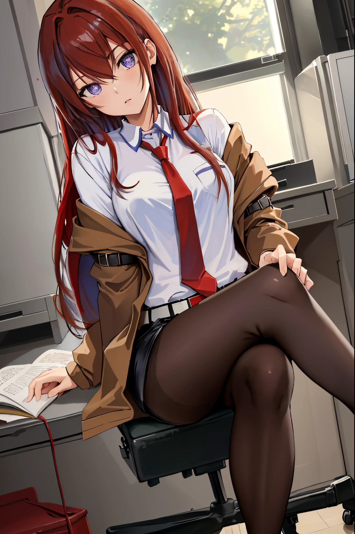 ((masterpiece), (best quality), ultra high res, 1girl, long hair, (red hair:1.5), long hair, eyes visible through hair, bangs, hair between eyes, blue eyes, purple eyes, shorts, pantyhose, jacket, shirt, red necktie, necktie, belt, white shirt, legwear under shorts, brown jacket, short shorts, long sleeves, black pantyhose, room, lab, sitting, on chair, crossed legs, portrait, looking at the viewer,