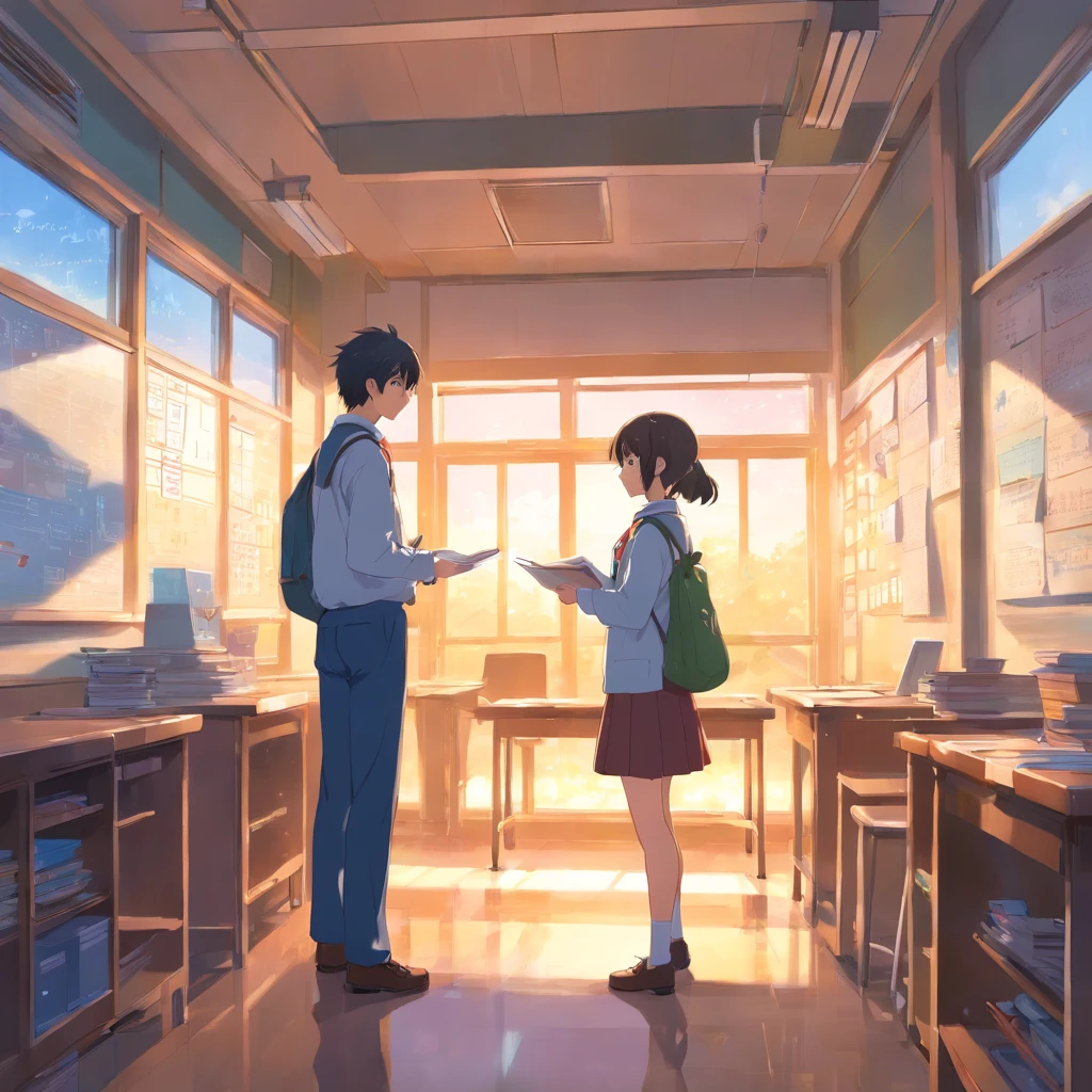 A couple in high school uniforms, deeply engaged in preparing for the cultural festival in a classroom after school. They work together, creating decorations and materials, building a world that represents just the two of them. The setting sun bathes the room in a warm glow, highlighting the flurry of activity and their shared, intimate world amidst the festival preparations.
