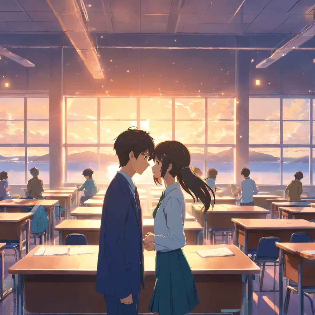 A couple in high school uniforms, deeply engaged in preparing for the cultural festival in a classroom after school. They work together, creating decorations and materials, building a world that represents just the two of them. The setting sun bathes the room in a warm glow, highlighting the flurry of activity and their shared, intimate world amidst the festival preparations.