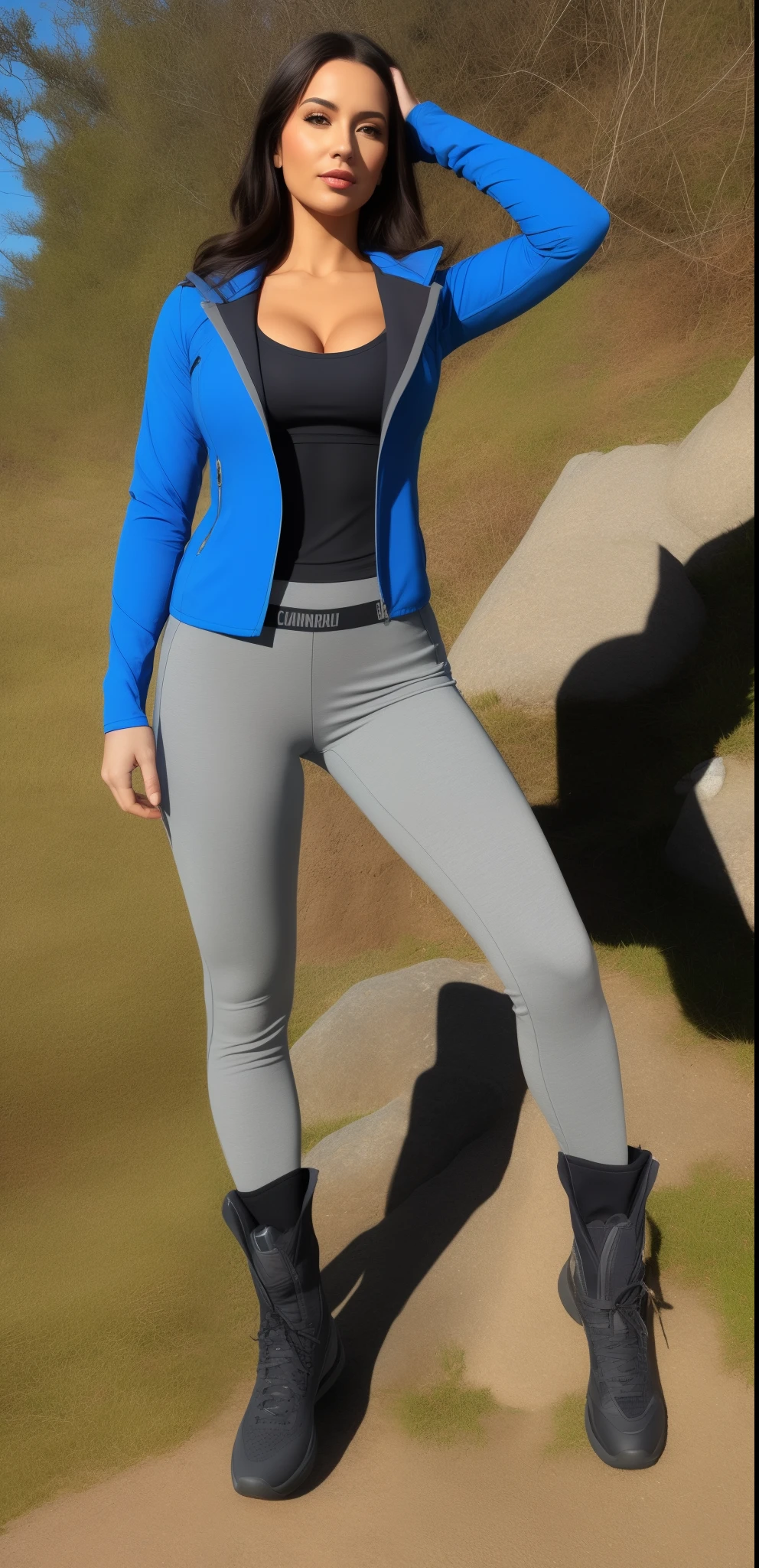 fit woman in blue jacket and gray pants posing on a mountain, tiro de corpo inteiro hiperdetalhado, blue jeans. irreal 5, em roupas! altamente detalhado, Close-up de corpo inteiro, Glamorosa Jill Valentine, Android 18, pokemon trainer outfit, roupas de caminhada, roupa azul, casaco longo fechado azul skintight, corpo inteiro disparado de perto, Pose casual