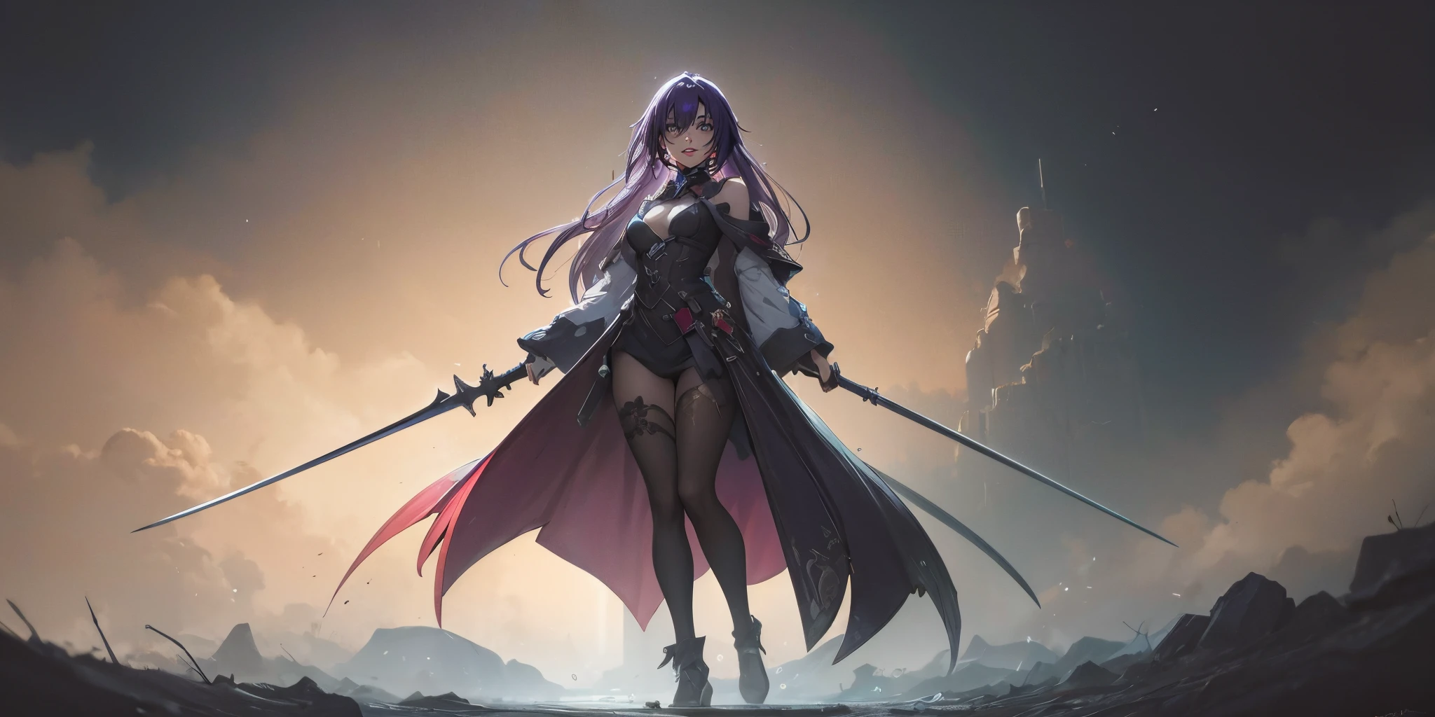 anatomically correct, best quality, masterpiece, high quality, high details, highres, HD, (shaded face:1.2), hollow eyes, purple eyes, looking at viewer, seductive smile, lips, purple hair, long hair, 1girl, breasts, long_hair, water drop, a woman standing in the middle of a field holding two swords, concept art, by Ross Tran, dark witch character, guweiz masterpiece, anime lighting, black - haired mage