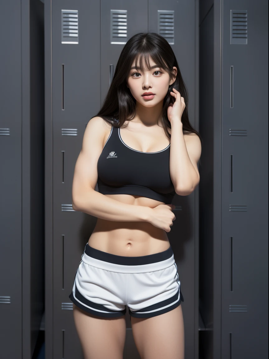 ulzzang -6500-v1.1, (Raw photo:1.2), (Photorealsitic), huge filesize, hight resolution, ighly detailed, top-quality, (​masterpiece:1.6),(Hyper-realistic: 1.4), ighly detailed, nffsw, finely detail, top-quality, 8k wallpaper、 (1 girl in),25-years old、cowboy  shot, ((Women with very thick muscular thighs:1.4))、big butts、(Muscular woman like a bodybuilder:1.2)、Huge frame,(Lori face,smil)、(Disproportionately large breasts:1.4),((Medium hair))、((Dark Color Sports Bra、Jersey Shorts)),((Lower both arms to the sides of the body:1.2, is standing))、((Locker Room:1.5))、 (Realistic: 1.3), (Smooth lighting: 1.05), (Improved cinematic lighting: 0.9), Realistic lighting, Backlight, Face Light, raytrace, (Whitening light: 1.2), (Image enhancement: 1.4), ( Top quality real skins: 1.4),  (Body Line Mood Increase:1.1),  (Skin Texture Enhancement Beauty:1.1),