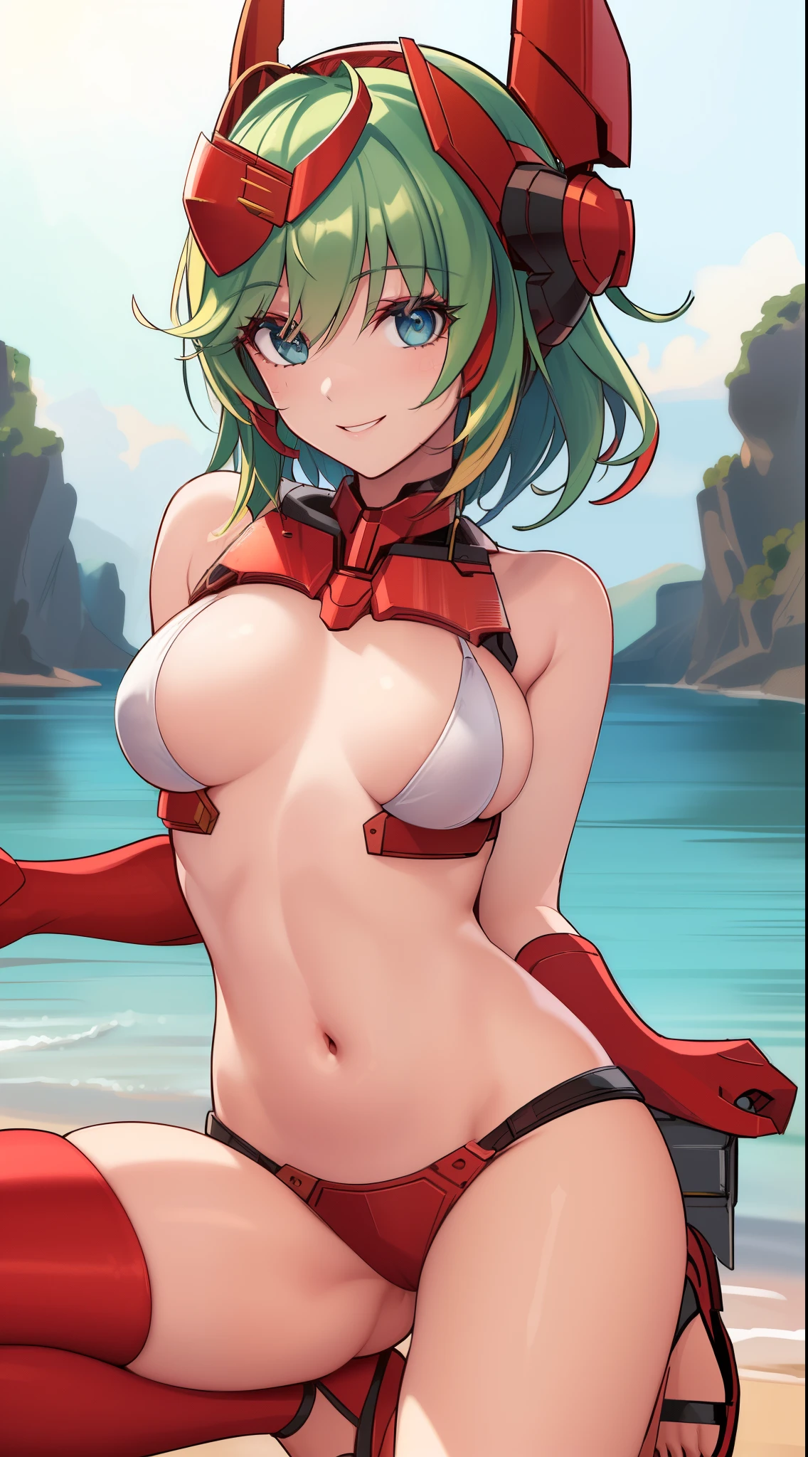 (best quality,4k,8k,highres,masterpiece:1.2),ultra-detailed,realistic,beautiful detailed eyes,beautiful detailed lips,extremely detailed eyes and face,long eyelashes,red bikini,green hair, short hair,blue eyes,red mecha headgear, small waist, skinny legs, small breasts,smiling,piscina,sharp focus,vivid colors, full body, sun light in front, red sandals