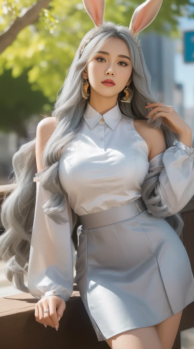 1 cute girl，(Best quality,  Colorful, dynamic angle, highest details) (high resolution texture), dynamicposes, bokeh, (Complicated details, hyper-detailing:1.15), Detailed pubic hair, Sunlight shines through the hair, Colorful splash art background, (hight contrast, Official artwork, The content is very detailed, highest details), looking at viewert, looking over city， hair adornments, Long gray hair, fakeanimalears, a skirt,The shirt,rabbitears, Split sleeves,