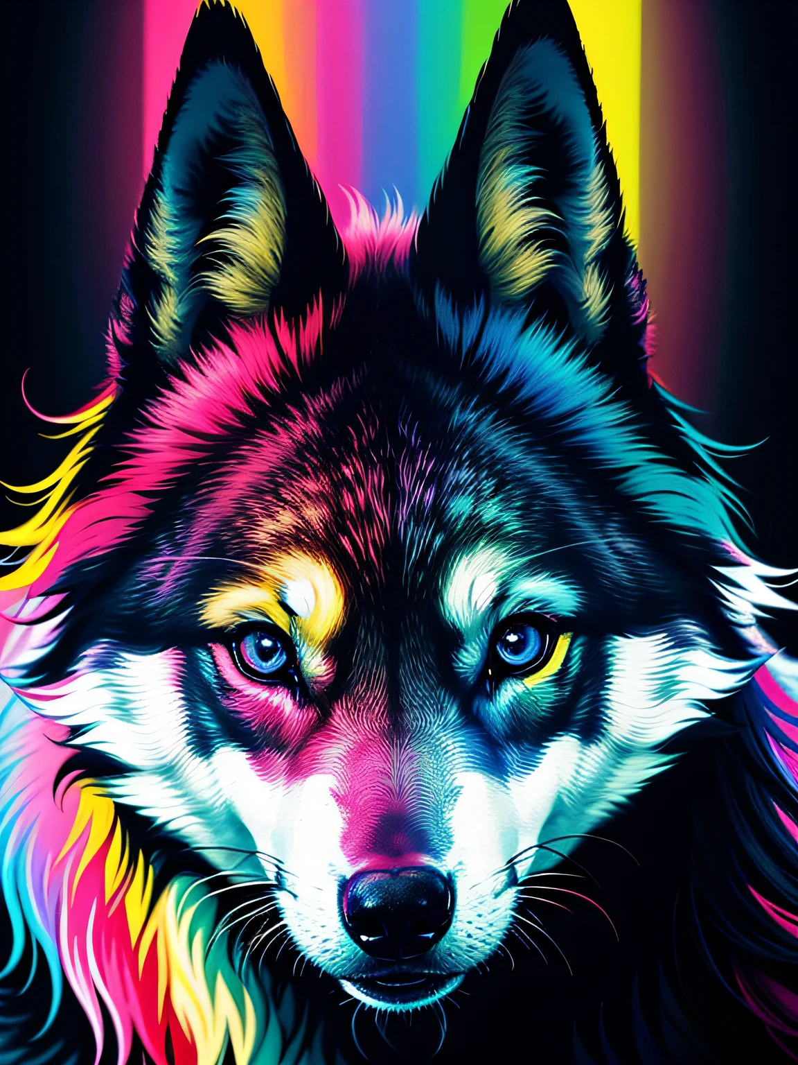 big colorful wolf puppy, adorable cute eyes, playful expression, rainbow fluffy coat, expressed in vivid black_light art style, Brings out the intricate details of delicate fur, Shining cuteness in negative space,