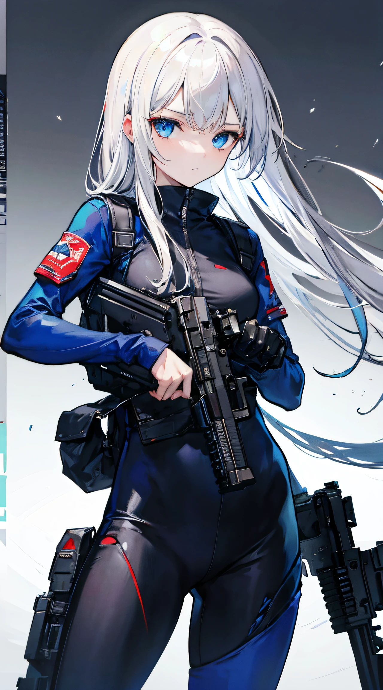 nothing background,girl,Carry a firearm,Torn clothes,tightsuit,use of firearms,Long gray hair,heads up,blue color eyes