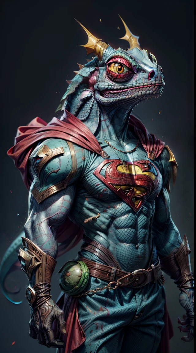 There is a chameleon wearing a superman costume, Lindo arte digital detallado, Adorable pintura digital, Lindo arte digital, lindas ilustraciones detalladas, Linda criatura del bosque, furry fantasy art, Teemo, Teemo de League of Legends, linda criatura, Arte digital detallado 4K, linda criatura, Arte digital 4K altamente detallado, Anthropomorphic chameleon
