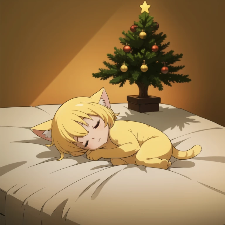 (front view, 1 single, yellow tiny and cute baby cat, sleeping in bed, christmas season, simple background, chiaroscuro) high quality, 4K. (Christmas tree)