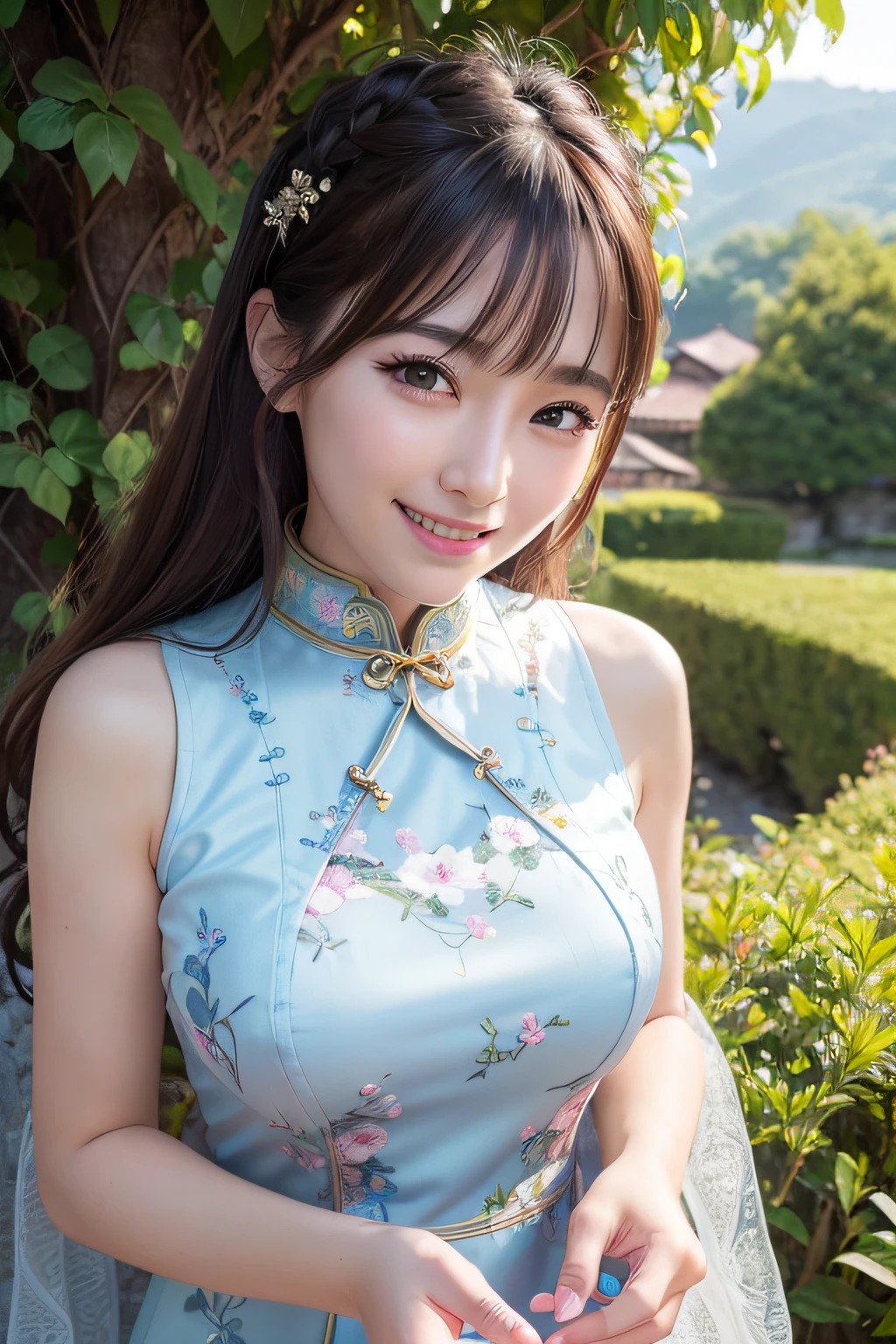 (Highly detailed CG Unity 8k wallpaper, of the highest quality, Ultra-detailed, High resolution, masutepiece, Realistic, Photorealistic:1.5), (cute Japanese girls), extra detailed face, Face Focus, Beautiful detailed eyes, Eye focus, (Detailed background), detailed clothes, super detailed skin, (adorable cheongsam long dress:1.5), (Beautiful outdoor background:1.5), Midi wavy hair, Brown hair, Floating hair, medium breasts, medium ass, (make up), (Adorable smile:1.3), (POV:1.6),