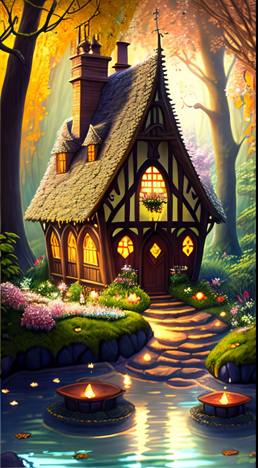 Imagine discovering a secret, magical fairy kingdom nestled at the bottom of a lush garden. This hidden realm is revealed as the sunlight fades and the moon casts its gentle glow. Tiny, glowing fairies with delicate wings flit among the flowers and leaves, their laughter like tinkling bells. The kingdom is a miniature wonderland, with tiny thatched cottages built from leaves and twigs, majestic palaces carved from tree stumps, and crystal-clear ponds surrounded by petals and moss. Intricate cobweb bridges span between plants, and lanterns made from acorn caps light the pathways. A grand royal court sits at the heart of the kingdom, where the fairy queen and king preside over their subjects with grace. Enchanting creatures, such as talking animals and gentle sprites, roam freely, contributing to the kingdom's serene harmony. The entire scene is bathed in a soft, magical light, creating an atmosphere of wonder and enchantment. This fairy kingdom is a place where the magic of nature and the imagination come together, hidden away from the world but alive with enchantment and beauty. The image is presented in extreme detail, insanely high quality with intricate detailing.