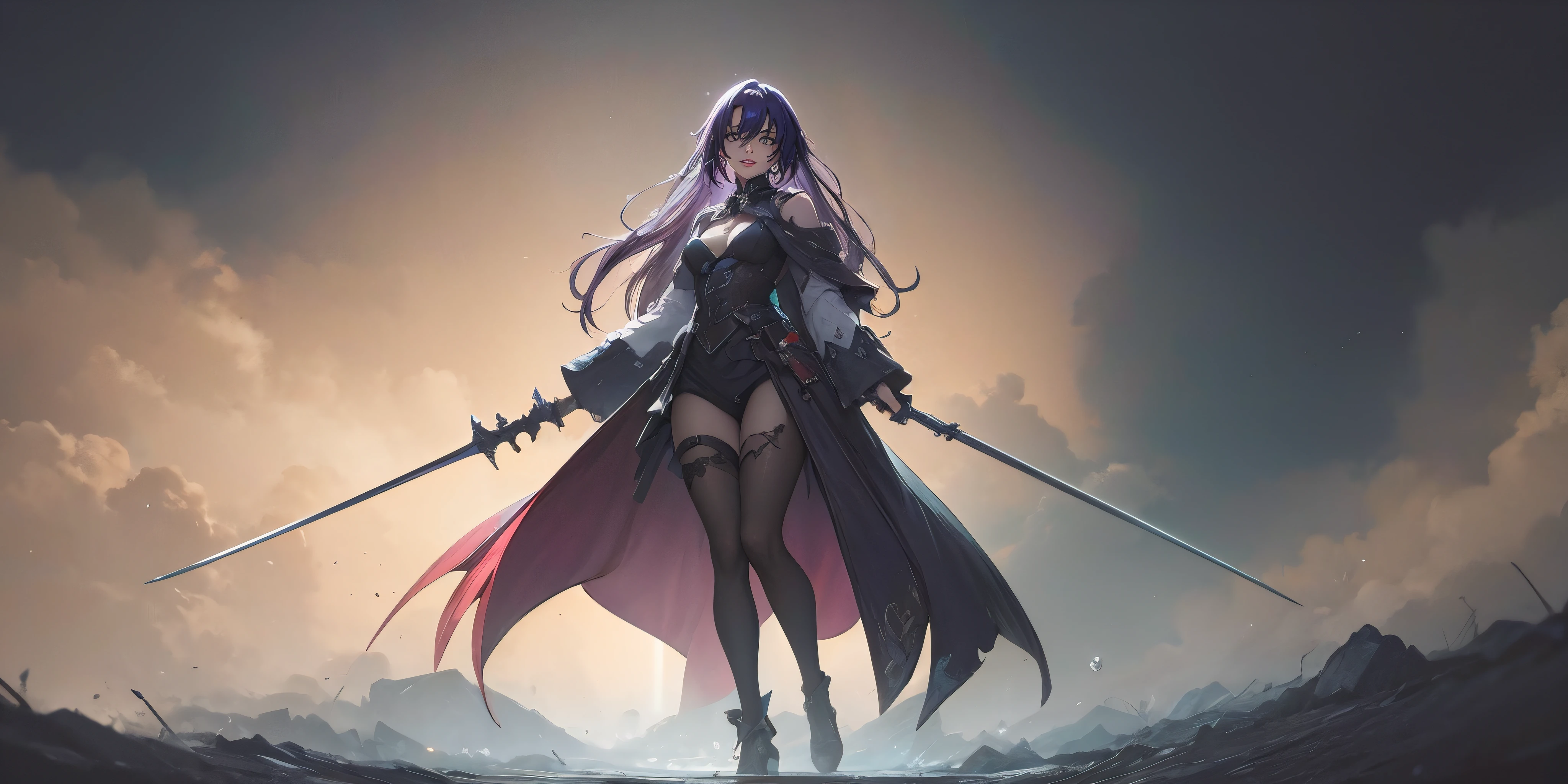 anatomically correct, best quality, masterpiece, high quality, high details, highres, HD, (shaded face:1.2), hollow eyes, purple eyes, looking at viewer, seductive smile, lips, purple hair, long hair, 1girl, breasts, long_hair, water drop, a woman standing in the middle of a field holding two swords, concept art, by Ross Tran, dark witch character, guweiz masterpiece, anime lighting, black - haired mage