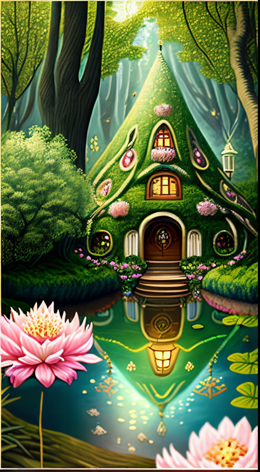 Imagine discovering a secret, magical fairy kingdom nestled at the bottom of a lush garden. This hidden realm is revealed as the sunlight fades and the moon casts its gentle glow. Tiny, glowing fairies with delicate wings flit among the flowers and leaves, their laughter like tinkling bells. The kingdom is a miniature wonderland, with tiny thatched cottages built from leaves and twigs, majestic palaces carved from tree stumps, and crystal-clear ponds surrounded by petals and moss. Intricate cobweb bridges span between plants, and lanterns made from acorn caps light the pathways. A grand royal court sits at the heart of the kingdom, where the fairy queen and king preside over their subjects with grace. Enchanting creatures, such as talking animals and gentle sprites, roam freely, contributing to the kingdom's serene harmony. The entire scene is bathed in a soft, magical light, creating an atmosphere of wonder and enchantment. This fairy kingdom is a place where the magic of nature and the imagination come together, hidden away from the world but alive with enchantment and beauty. The image is presented in extreme detail, insanely high quality with intricate detailing.