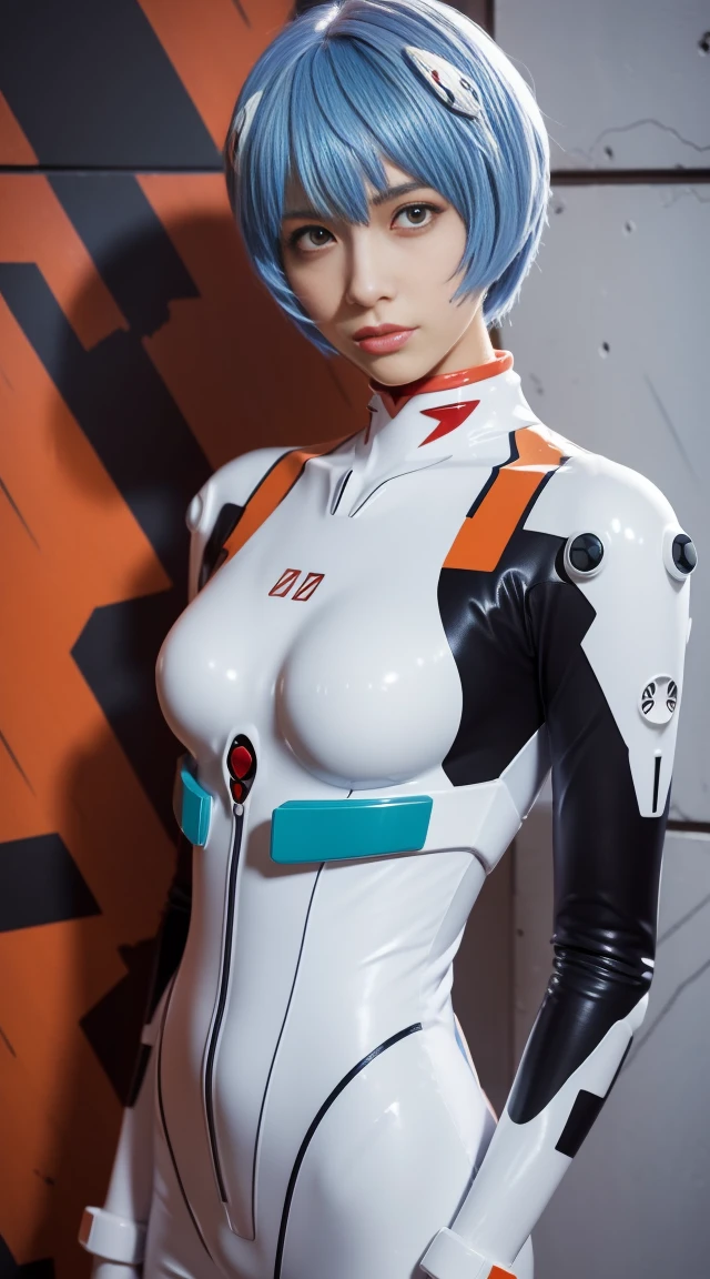 (Best quality at best, Colorful, dynamic angle, highest details)(ayanami rei), Denim style, Fashion photo of sexy blue-haired girl (ayanami rei), detailed red eyes, Shin Evangelion&#39;White suit details (high resolution texture), dynamicposes, bokeh, (Complicated details, hyper-detailing:1.15), Detailed pubic hair, Sunlight shines through the hair, Colorful splash art background, (hight contrast, Neon Genesis Evangelion New Theatrical Version Official Art Picture, The content is very detailed, highest details),