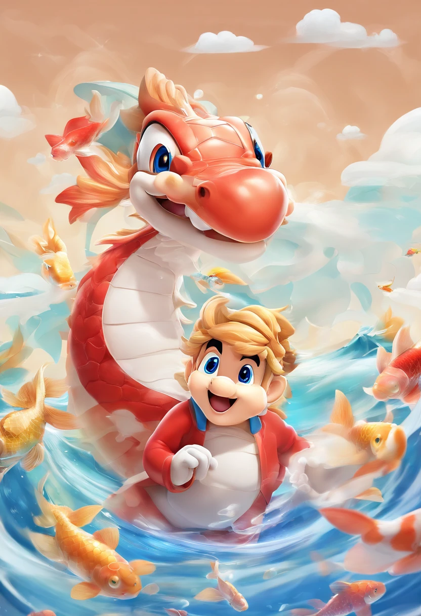 movie picture quality，style of disney animation，A dragon plays games in the sea with a koi carp in its arms，Year of the Dragon IP，glass in sky，Chinese dragon with hat，red colour，depth of fields，to emphasize，Real light，ray traycing，oc rendered，hyper realisitc，Best quality，8K，Works of masters，ultradetailed，Correct ???????，Eyes in focus，bokeh，Facial features are carefully drawn
