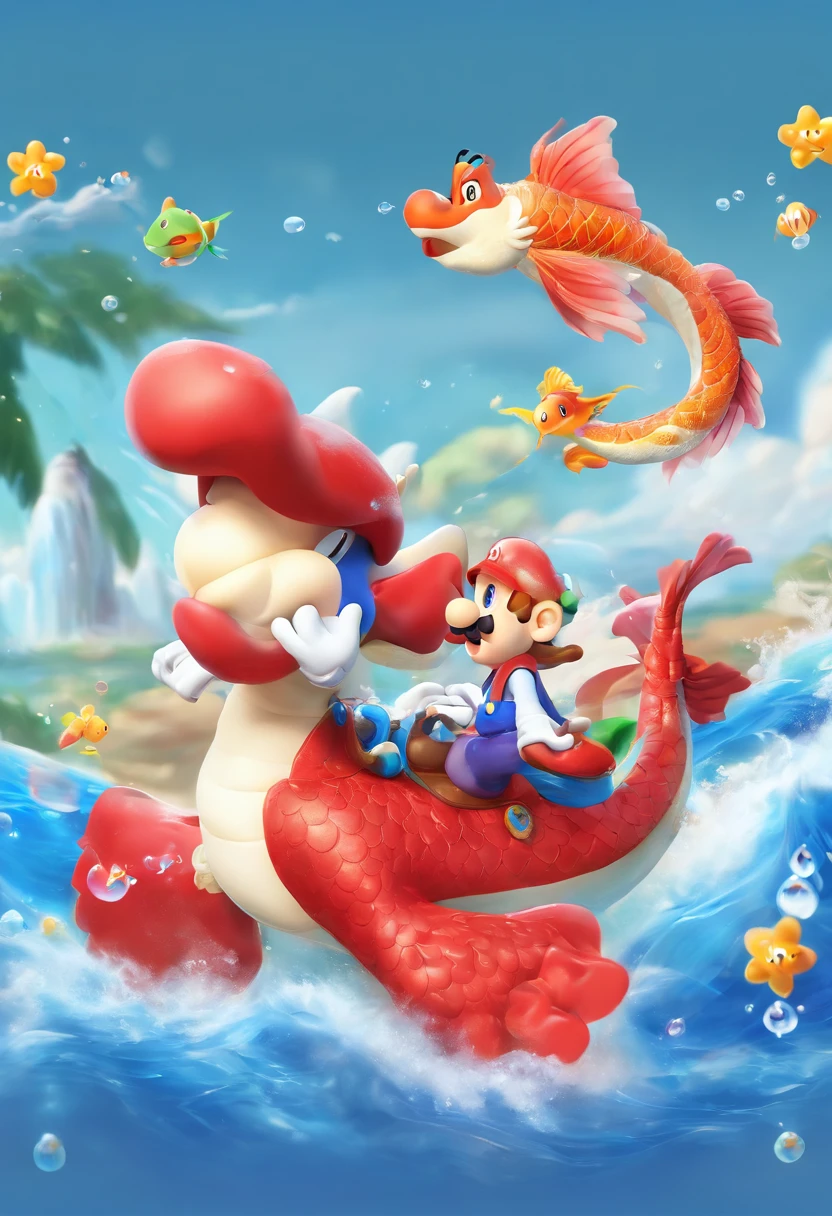 movie picture quality，style of disney animation，A dragon plays games in the sea with a koi carp in its arms，Year of the Dragon IP，glass in sky，Chinese dragon with hat，red colour，depth of fields，to emphasize，Real light，ray traycing，oc rendered，hyper realisitc，Best quality，8K，Works of masters，ultradetailed，Correct anatomy，Eyes in focus，bokeh，Facial features are carefully drawn