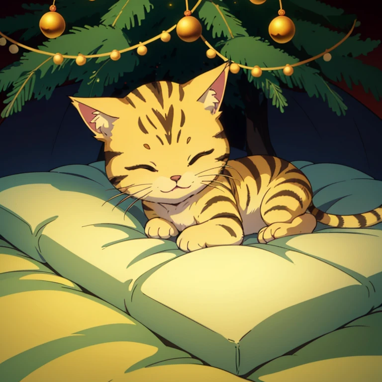 (front view, 1 single, yellow tiny and cute baby cat, sleeping in bed, christmas season, simple background, chiaroscuro) high quality, 4K. (Christmas tree)