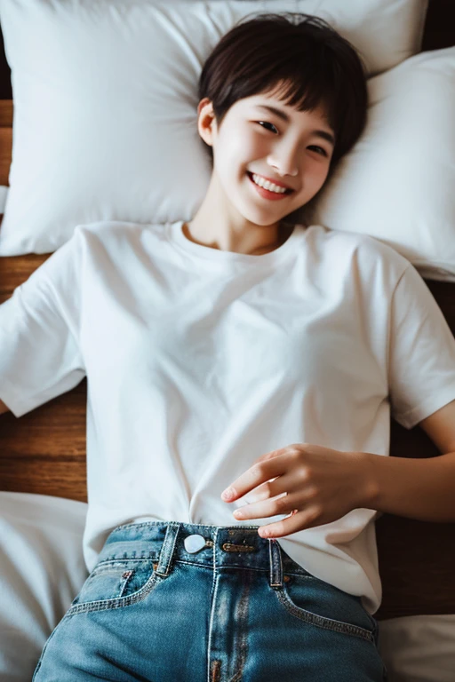 (best quality, ultra-high quality, high quality fingers, best smyle), one garl, lying on the bed, holding out his hand, highest light, highest shadow, sharp, sharp image, incredible resolution, beautiful effect, white loose knit, GIRLS denim shorts, shot from above,