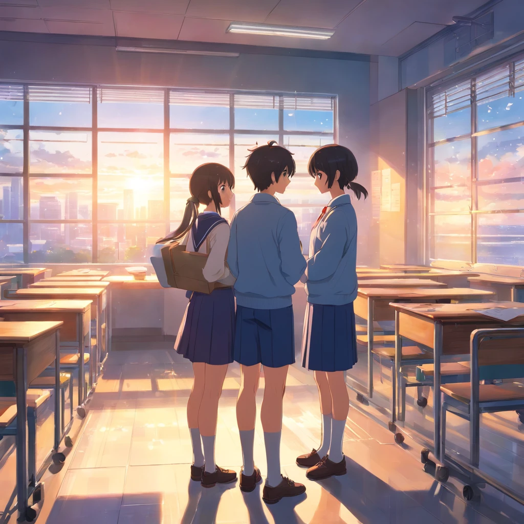 A teenage couple in high school uniforms, deeply engaged in preparing for the cultural festival in a classroom after school. They work together, creating decorations and materials, building a world that represents just the two of them. The setting sun bathes the room in a warm glow, highlighting the flurry of activity and their shared, intimate world amidst the festival preparations.