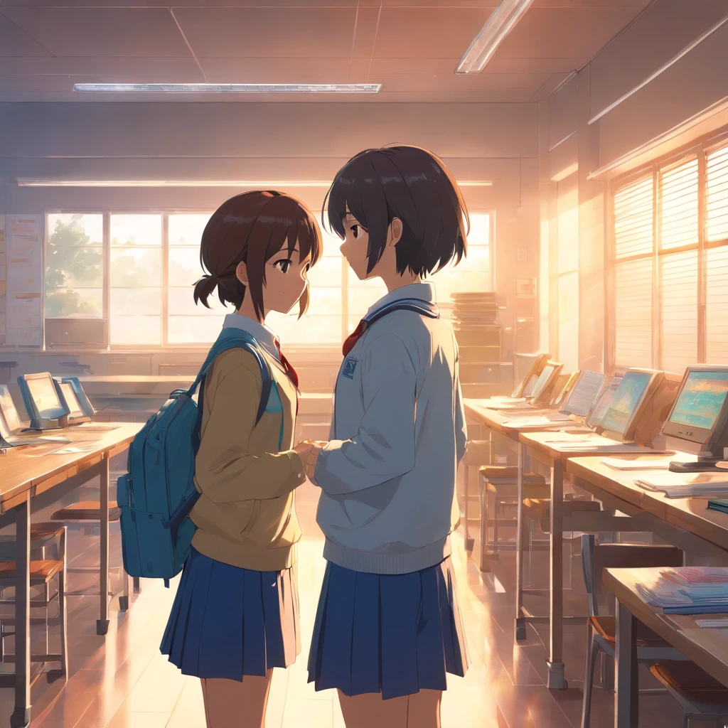 A teenage couple in high school uniforms, deeply engaged in preparing for the cultural festival in a classroom after school. They work together, creating decorations and materials, building a world that represents just the two of them. The setting sun bathes the room in a warm glow, highlighting the flurry of activity and their shared, intimate world amidst the festival preparations.