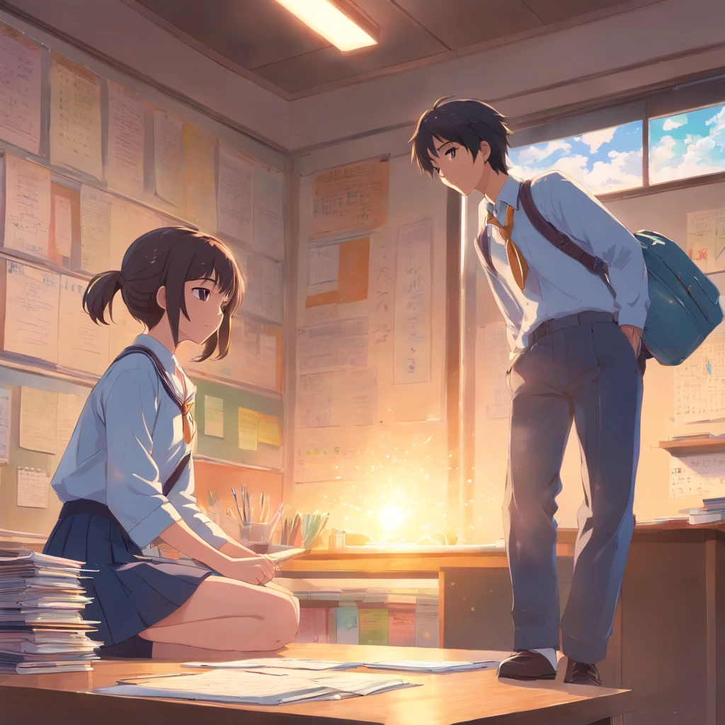 A  couple in high school uniforms, deeply engaged in preparing for the cultural festival in a classroom after school. They work together, creating decorations and materials, building a world that represents just the two of them. The setting sun bathes the room in a warm glow, highlighting the flurry of activity and their shared, intimate world amidst the festival preparations.