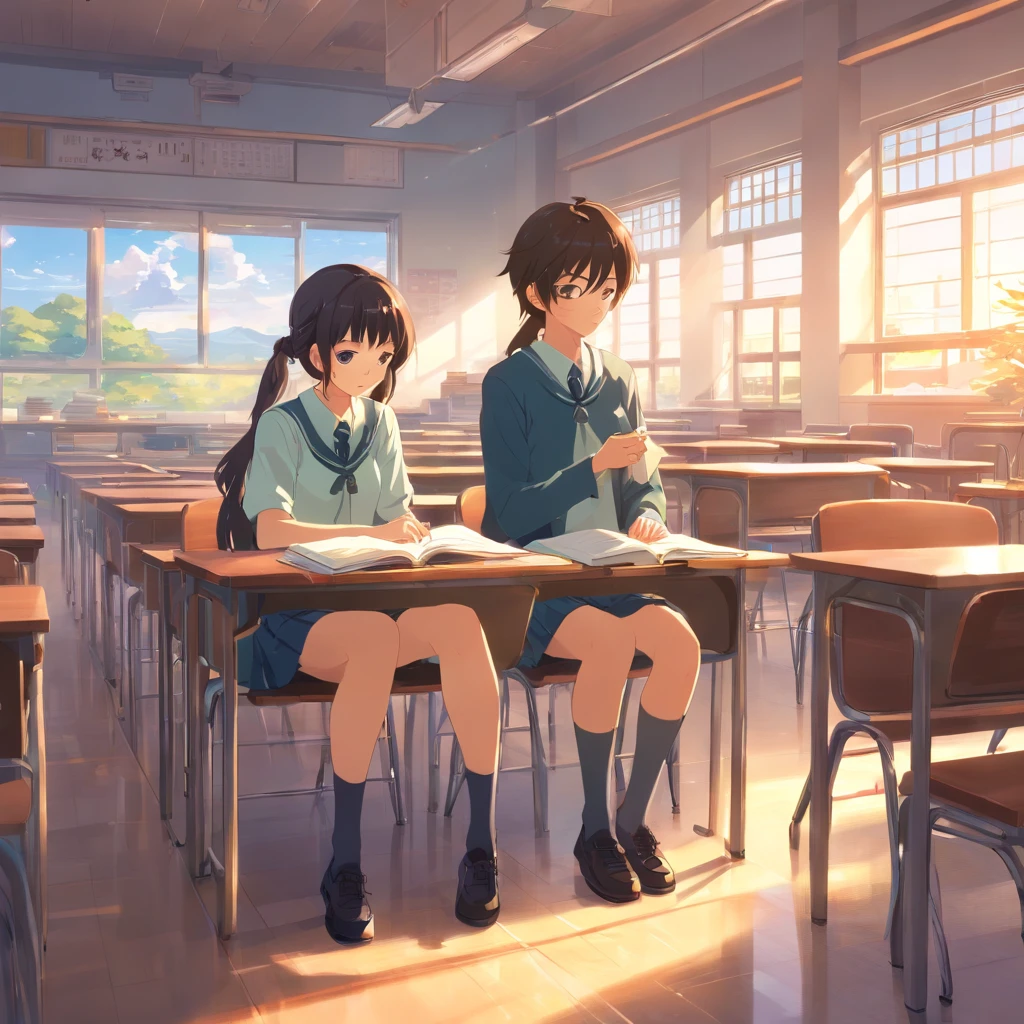 A couple in high school uniforms, deeply engaged in preparing for the cultural festival in a classroom after school. They work together, creating decorations and materials, building a world that represents just the two of them. The setting sun bathes the room in a warm glow, highlighting the flurry of activity and their shared, intimate world amidst the festival preparations.