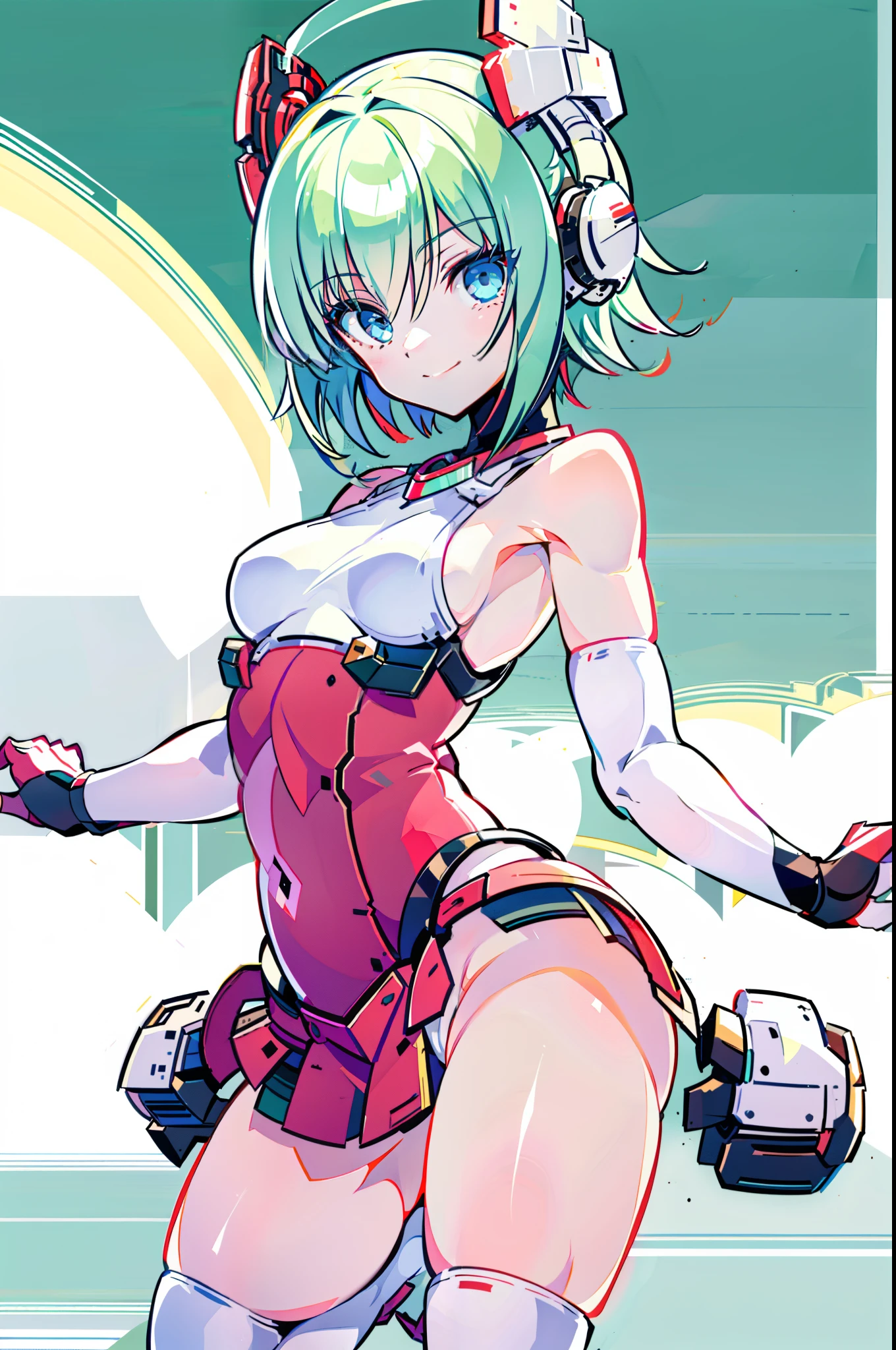 1 girl, white tank top, mecha headgear, short hair, green hair, big blue eyes, small breasts, black elbow gloves, red miniskirt, white stockings, smiling, city, red shoes, Take off your ass，Rounded ass, mecha headgear