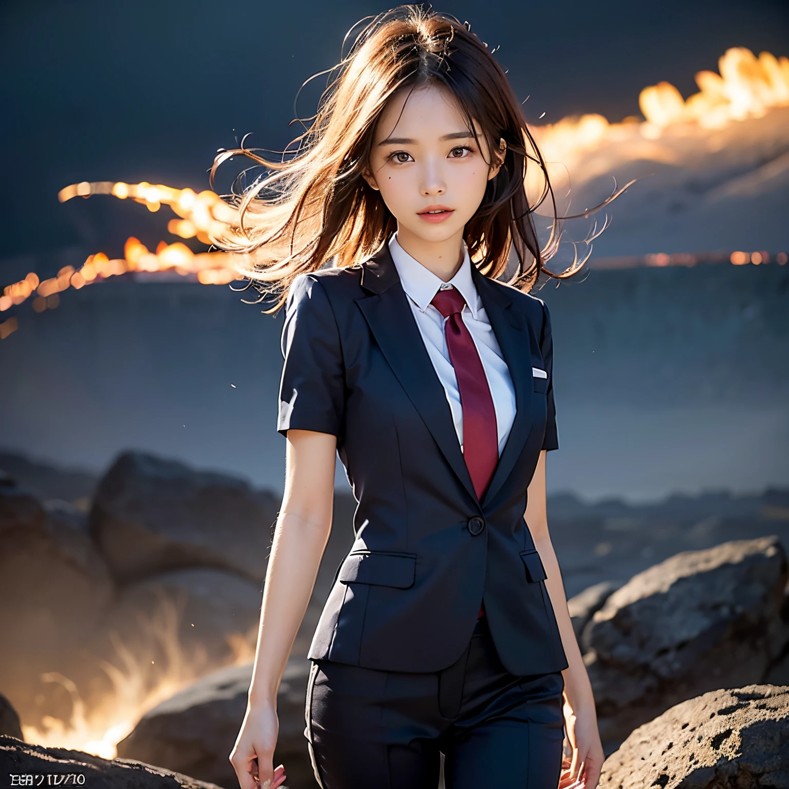 (masutepiece, Best Quality:1.2), 8K, Official art, Wearing a suit、Full body photo, full body Esbian、Emma fastening her tie. Beautiful barefoot woman with dark hair floating in the air, hold a flame in your right hand、He has lightning in his left hand、Bright lava light rises above the broken Earth from beneath the asteroid belt(Jagged rock rocks and fragments shot into the air:1.3) (Storm of windy dust debris:1.1) Volume fogmist by trace Z、It can allow bright light from below to pass through、 (​masterpiece) (top-quality) (detaileds) (8K) (电影灯光) (foco nítido) (Convoluted)A dark-haired、14years、small tits、A delightful、A smile、unbelievable Ridiculous, (Beautiful girl with upper body, Pretty Face, arching back down, Gold hair ornament on hair、Wearing a cute suit、close up, Wearing a suit, Short sleeve, gardenia, violaceaess, Teen, space system, Looking at Viewer, Film grain, chromatic abberation, Sharp Focus, face lights, Dynamic lighting, Cinematic lighting, Eyes and faces with detailed, Bokeh background, (Tie with Emma written on it、1 copy:1.2)