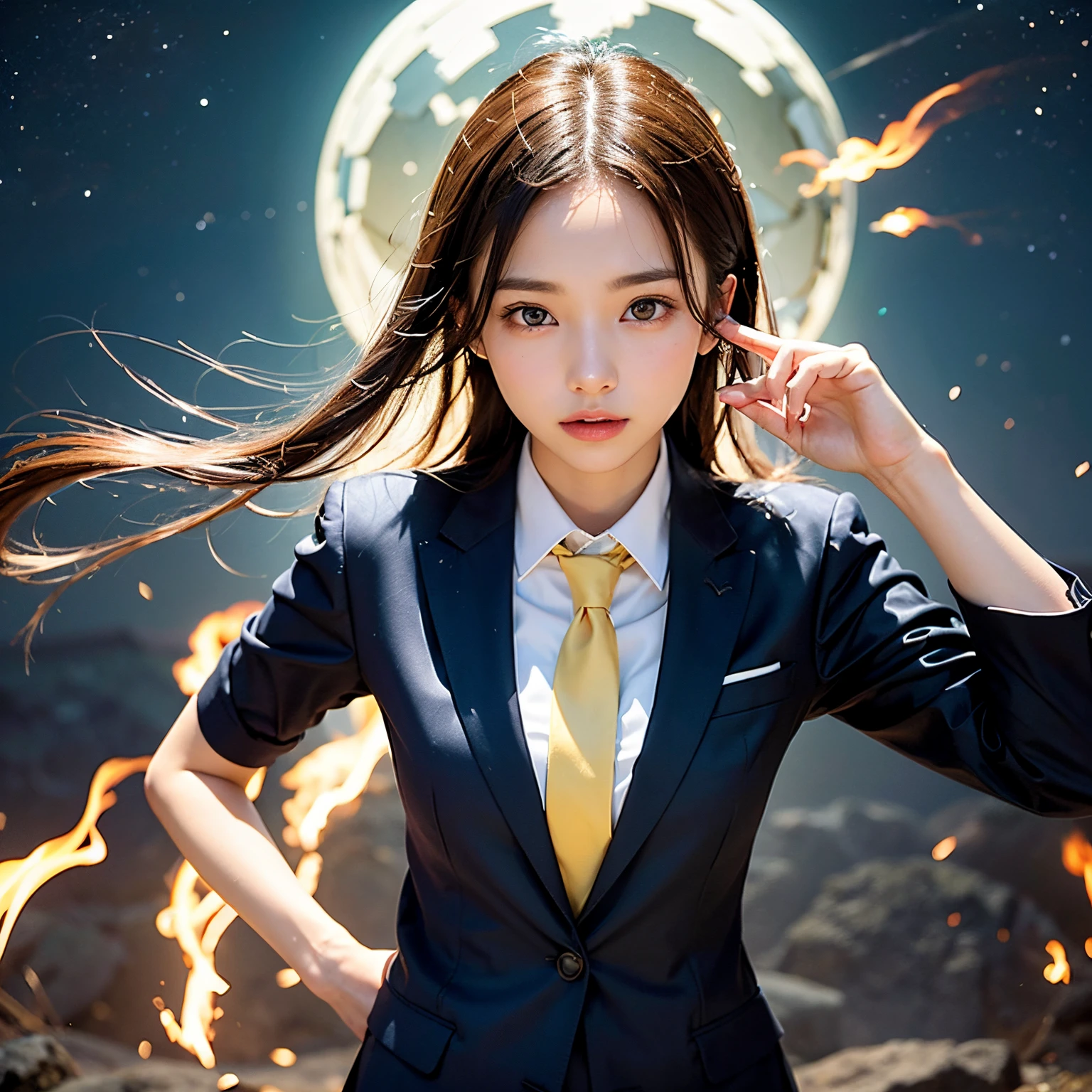 (masutepiece, Best Quality:1.2), 8K, Official art, Wearing a suit、Full body photo, full body Esbian、Emma fastening her tie. Beautiful barefoot woman with dark hair floating in the air, hold a flame in your right hand、He has lightning in his left hand、Bright lava light rises above the broken Earth from beneath the asteroid belt(Jagged rock rocks and fragments shot into the air:1.3) (Storm of windy dust debris:1.1) Volume fogmist by trace Z、It can allow bright light from below to pass through、 (masterpiece) (top-quality) (detaileds) (8K) (电影灯光) (foco nítido) (Convoluted)A dark-haired、14years、small tits、A delightful、A smile、unbelievable Ridiculous, (Beautiful girl with upper body, Pretty Face, arching back down, Gold hair ornament on hair、Wearing a cute suit、close up, Wearing a suit, Short sleeve, gardenia, violaceaess, Teen, space system, Looking at Viewer, Film grain, chromatic abberation, Sharp Focus, face lights, Dynamic lighting, Cinematic lighting, Eyes and faces with detailed, Bokeh background, (Tie with Emma written on it、1 copy:1.2)